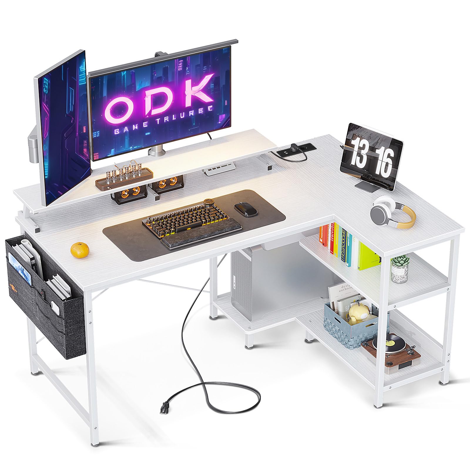 ODK Reversible L-Shaped Gaming Desk 120x80cm with USB Charging Port & Power Outlet, White Corner Desk for Home Office - Perfect for Gaming, Work & Study Setup