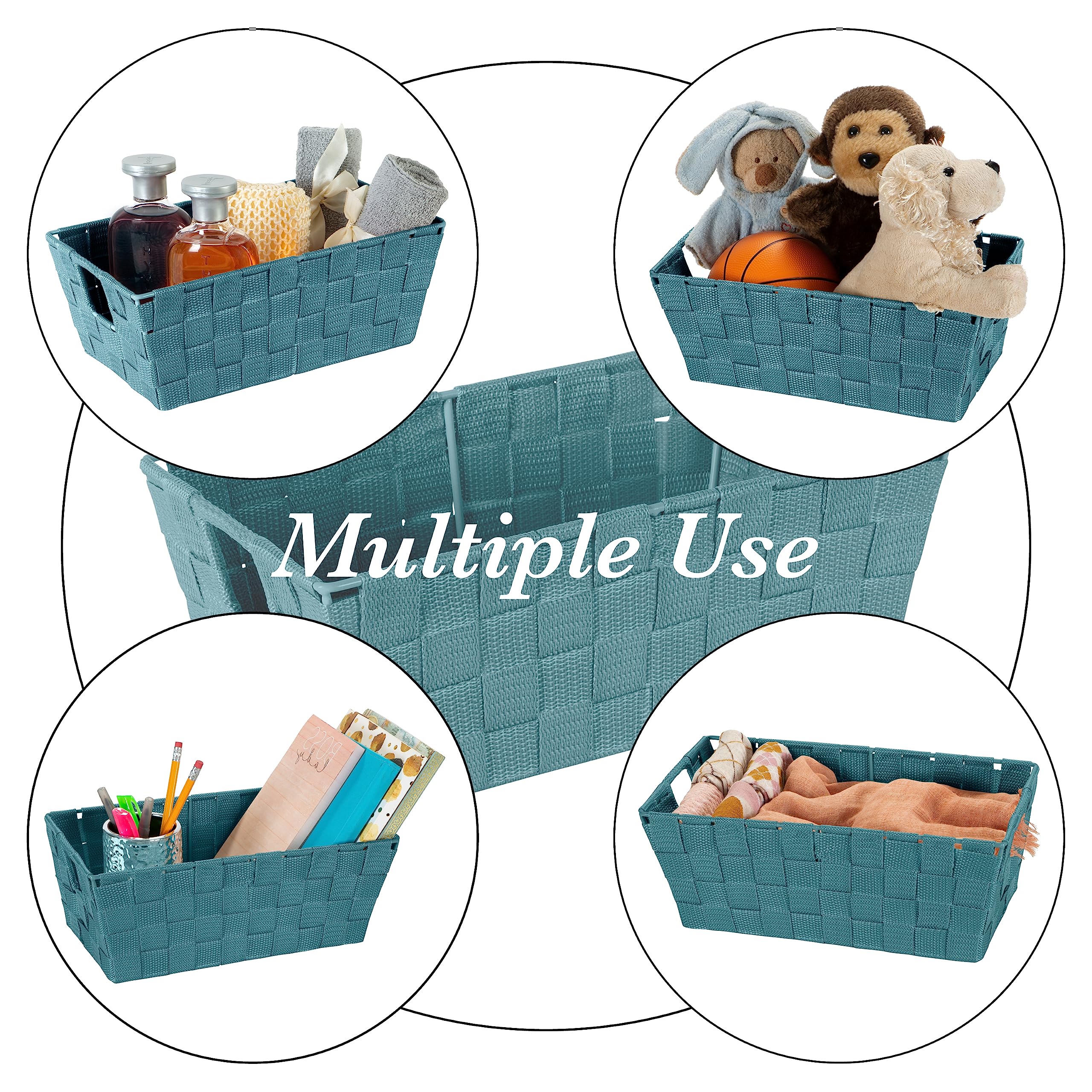 Simplify Small Shelf Woven Strap Tote - Decorative Storage Basket with Built-in Handles | 4-Pack Organizer for Closet, Bedroom, Bathroom & Nursery | Perfect for Accessories, Toys & Gifts | Sapphire Blue Home Decor