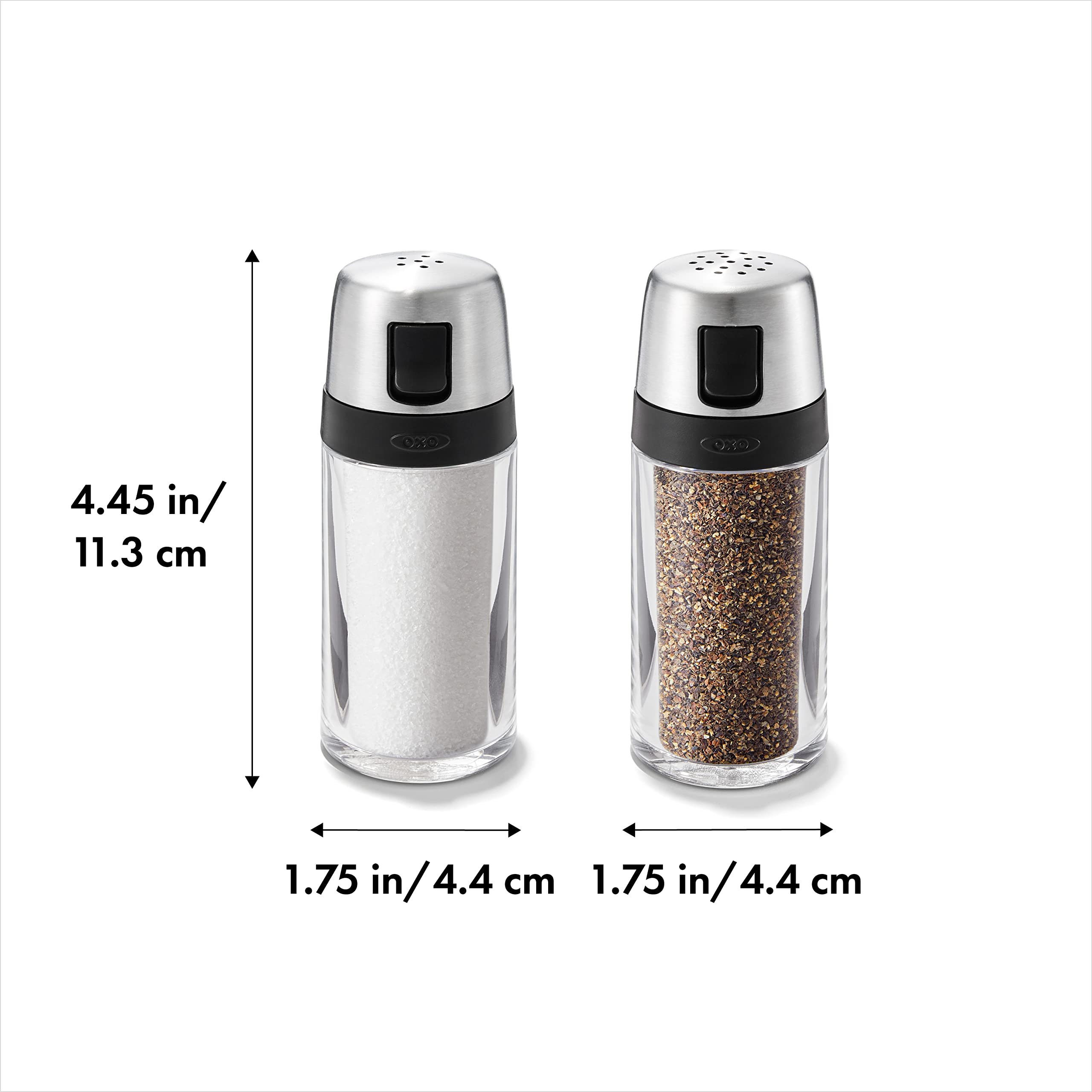 OXO Stainless Steel Salt and Pepper Shaker Set - Clear Glass Body with Adjustable Pour Spouts - Perfect for Kitchen, Dining Table & Outdoor Picnics
