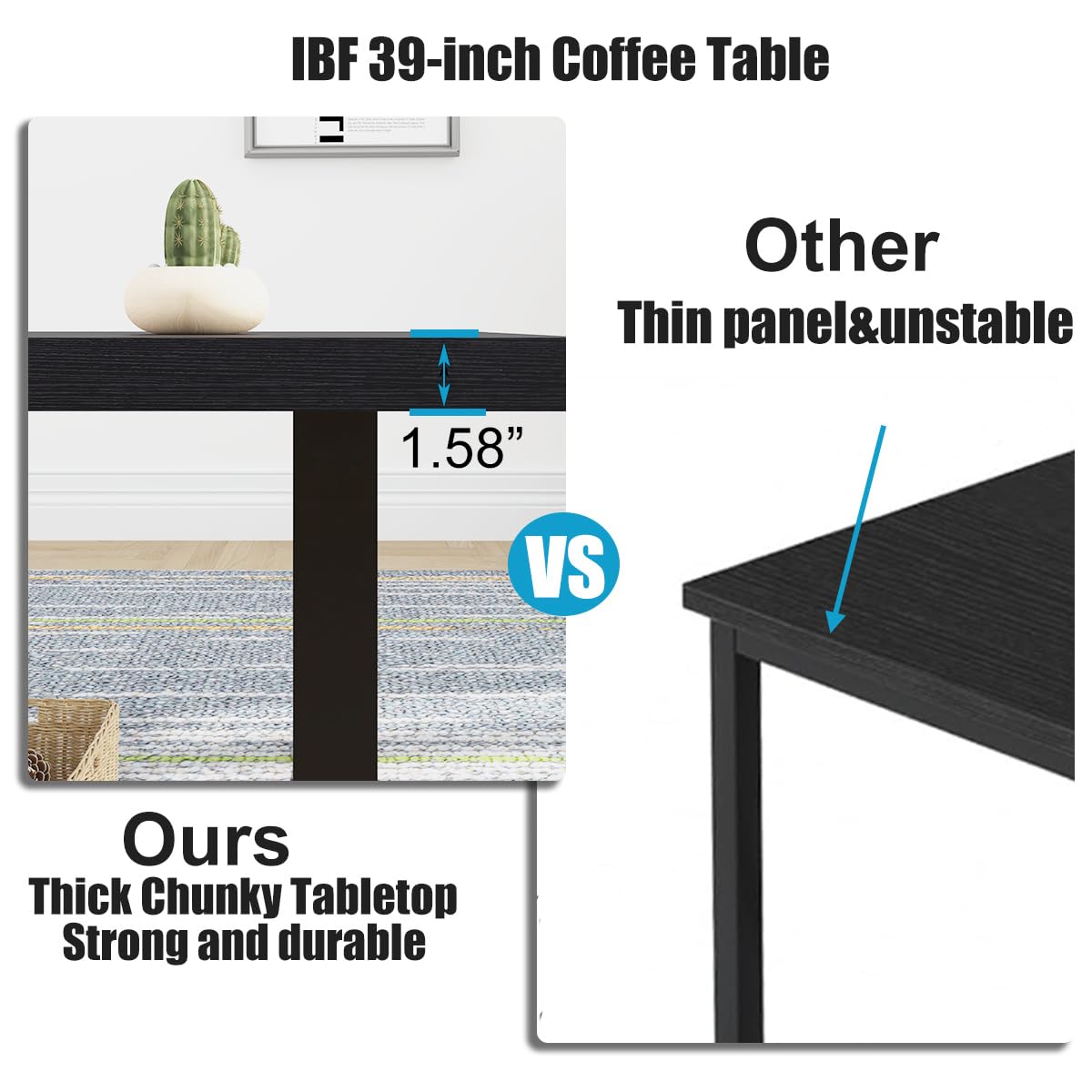 IBF Black Coffee Table - Minimalist Industrial Wooden Center Table for Living Room, Modern Rectangle Farmhouse Cocktail Table with Metal Frame, Home Office Bedroom Furniture, Black Oak Finish, 39 Inch - Perfect for Small Spaces, Apartments & Cozy Gatherings