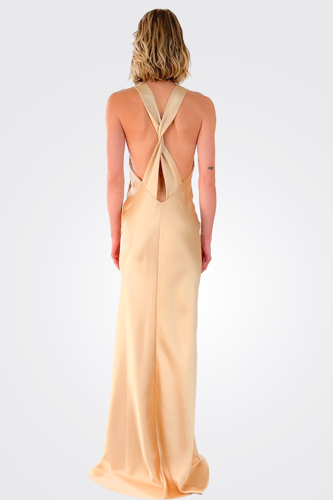 Elegant Eliah Cross Back Dress in Champagne - Perfect for Weddings, Parties & Special Occasions