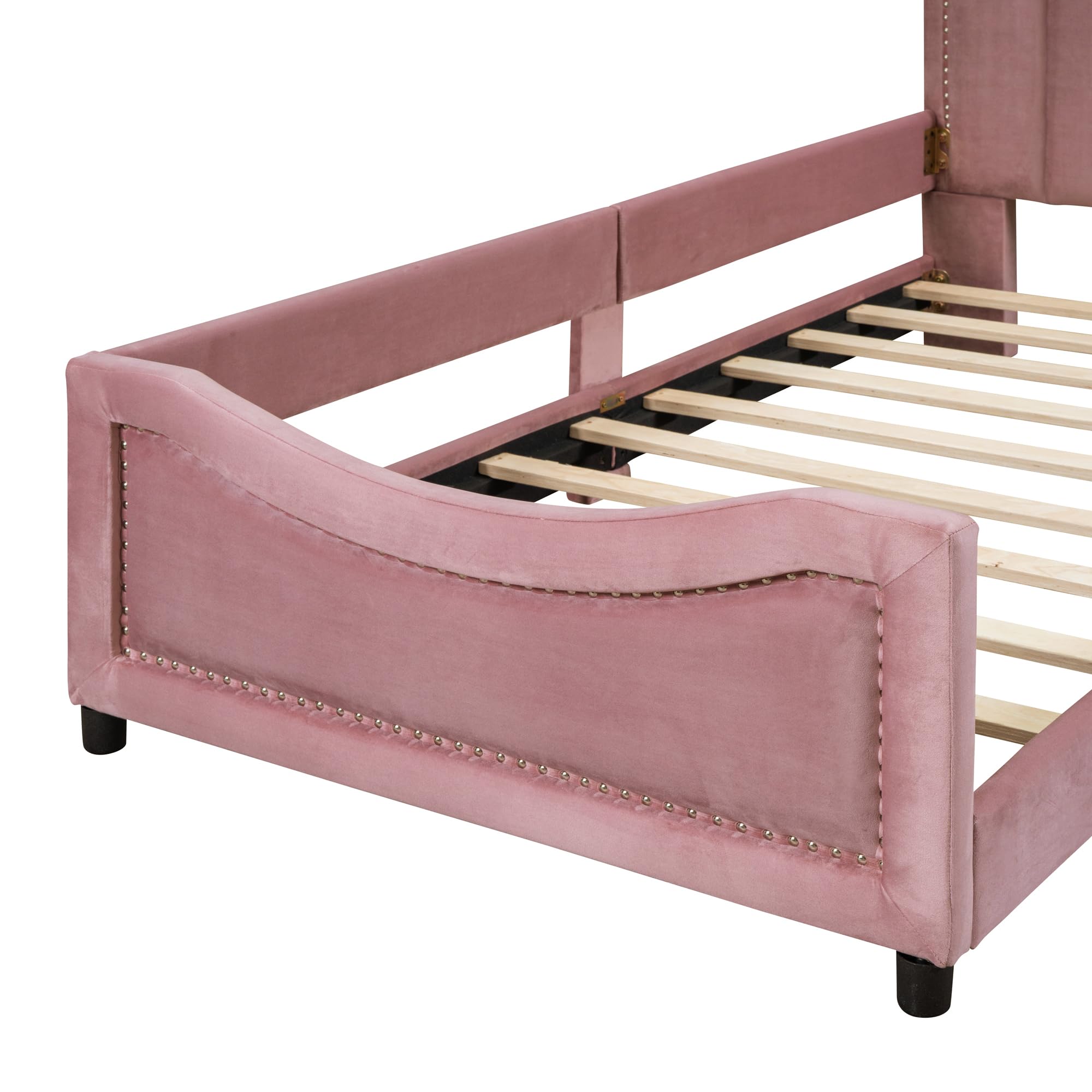 Harper & Bright Designs Upholstered Twin Daybed Frame for Kids - Velvet Twin Bed with Classic Striped Headboard, Sturdy Wood Frame for Boys & Girls - Pink (Perfect for Bedrooms, Playrooms & Guest Rooms)