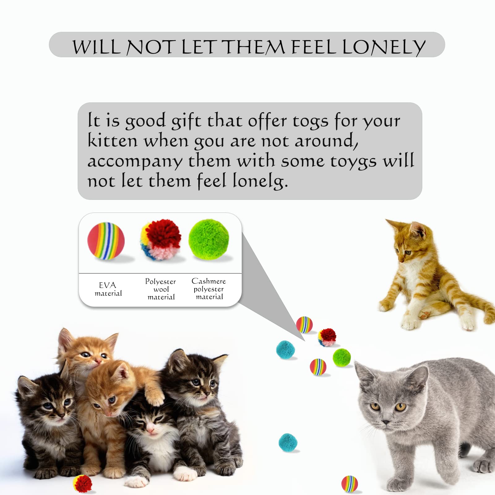 Andiker Cat Balls Toy Set - 6pcs Mini Interactive Cat Toys (2 Colorful EVA Foam Balls, 2 Plush Balls, 2 Yard Balls) - Lightweight Chew & Chase Toys for Indoor Cats to Stay Active - Perfect for Playtime, Exercise and Mental Stimulation