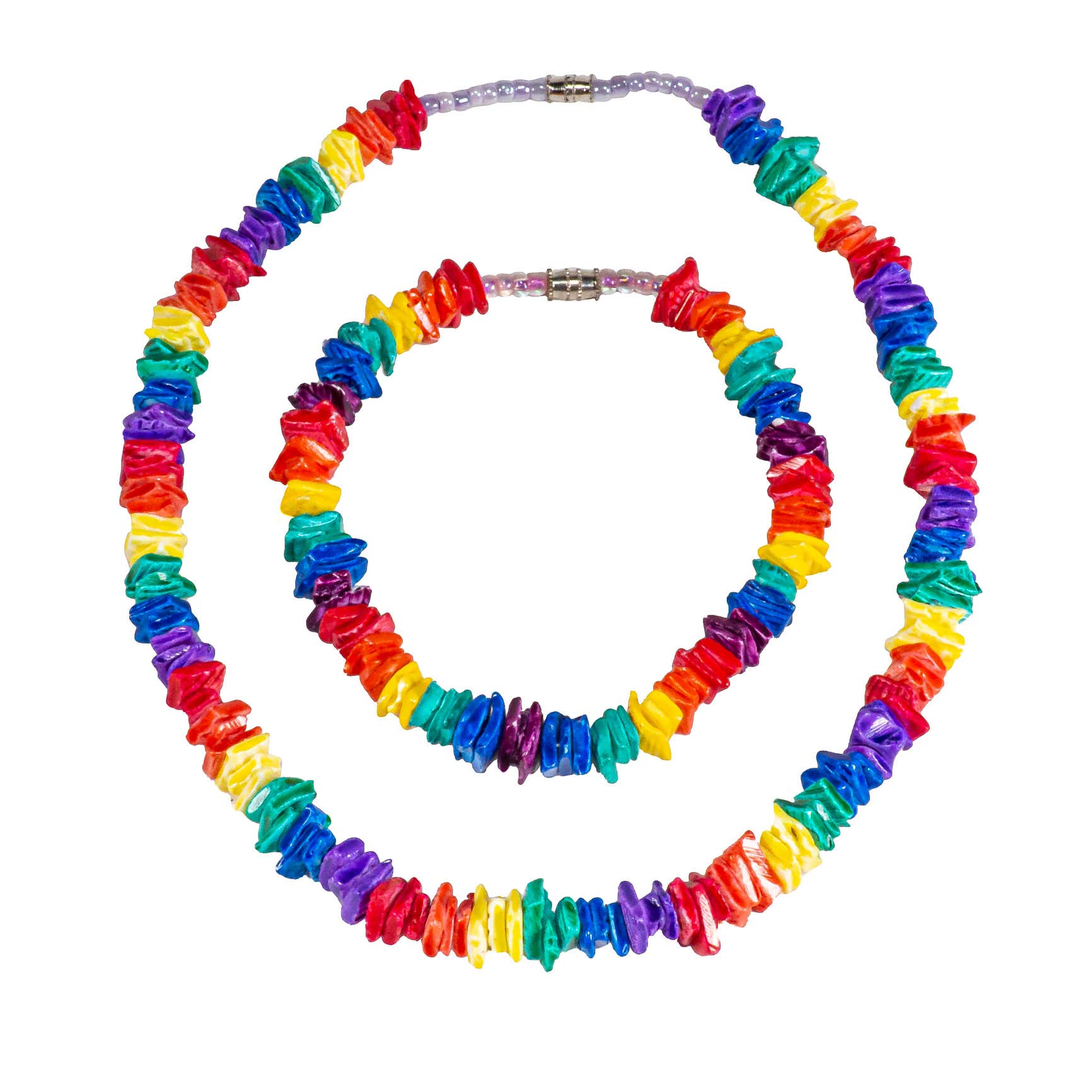 BlueRica Puka Shell Chips Necklace and Anklet Set - Natural Beach Shell Jewelry for Women, Boho Style Layered Necklace and Ankle Bracelet (Multi Color) - Perfect for Summer Vacation, Beach Party and Boho Fashion Accessories