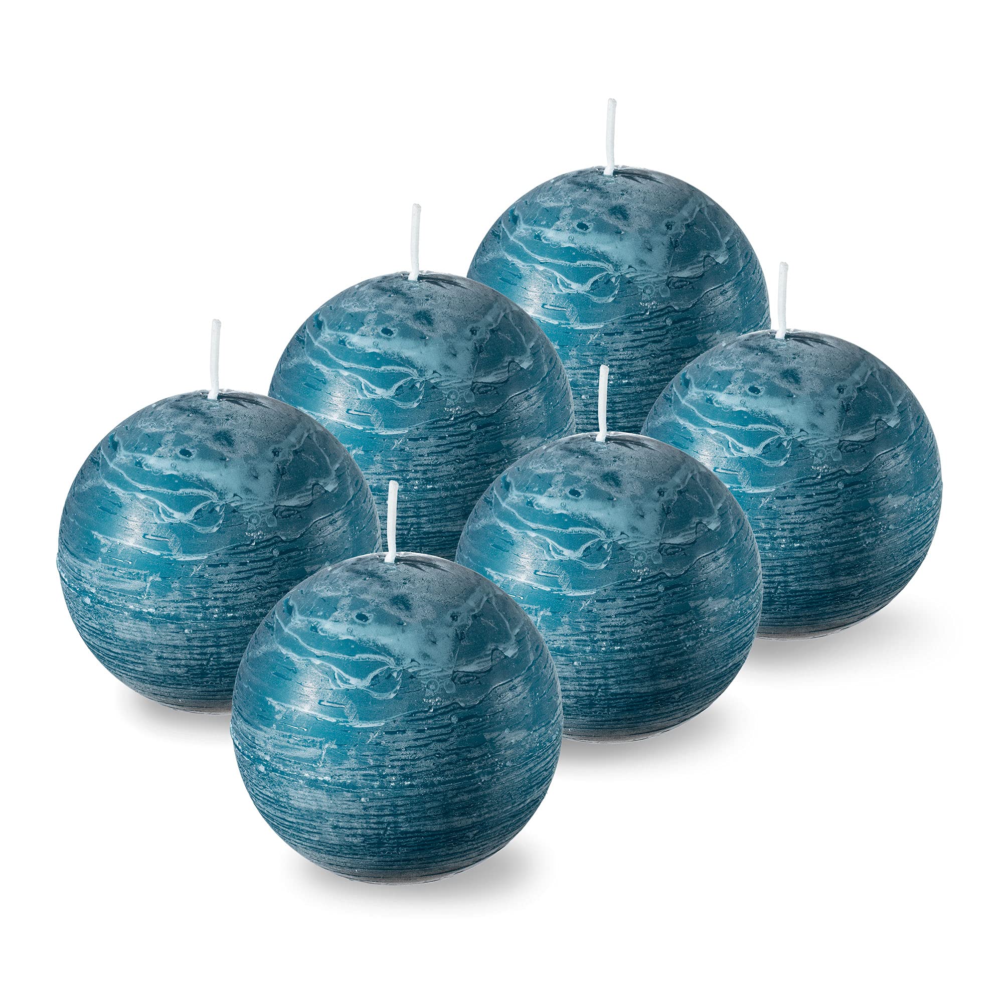 SPAAS Unscented Turquoise Round Candles - 3 Inch Rustic Ball Candles for Wedding Decorations, Party Centerpieces, Holiday Celebrations & Home Decor - Set of 6 Paraffin Wax Sphere Candles - Perfect for Tablescapes, Votive Displays & Romantic Ambiance