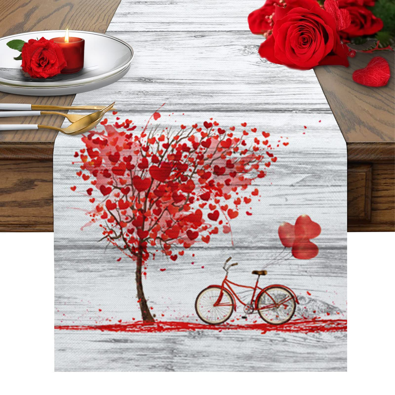 Burlap Table Runner Decor - Romantic Tree with Heart Shaped Bicycle Wood Grain Design, Non-Slip Rectangle Table Runner for Farmhouse Wedding, Party, Holiday Dinner & Home Decor (13x70 inches) - Perfect for Rustic Weddings, Christmas Dinners & Cozy Home Decor