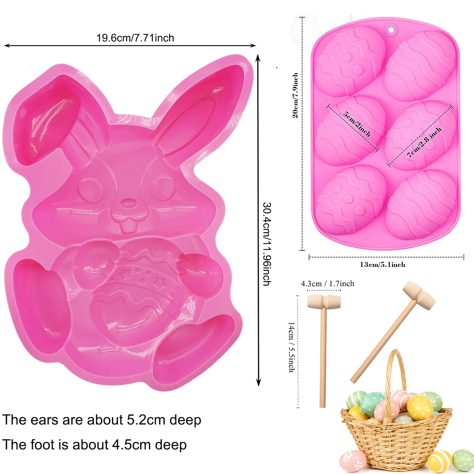 3Pcs Large Bunny Silicone Mold Set - 3D Rabbit Easter Egg Cake Chocolate Candy Jello Cocoa Bombs Baking Molds with 2 Wooden Hammers - Perfect for Easter Decorations, DIY Desserts & Holiday Baking