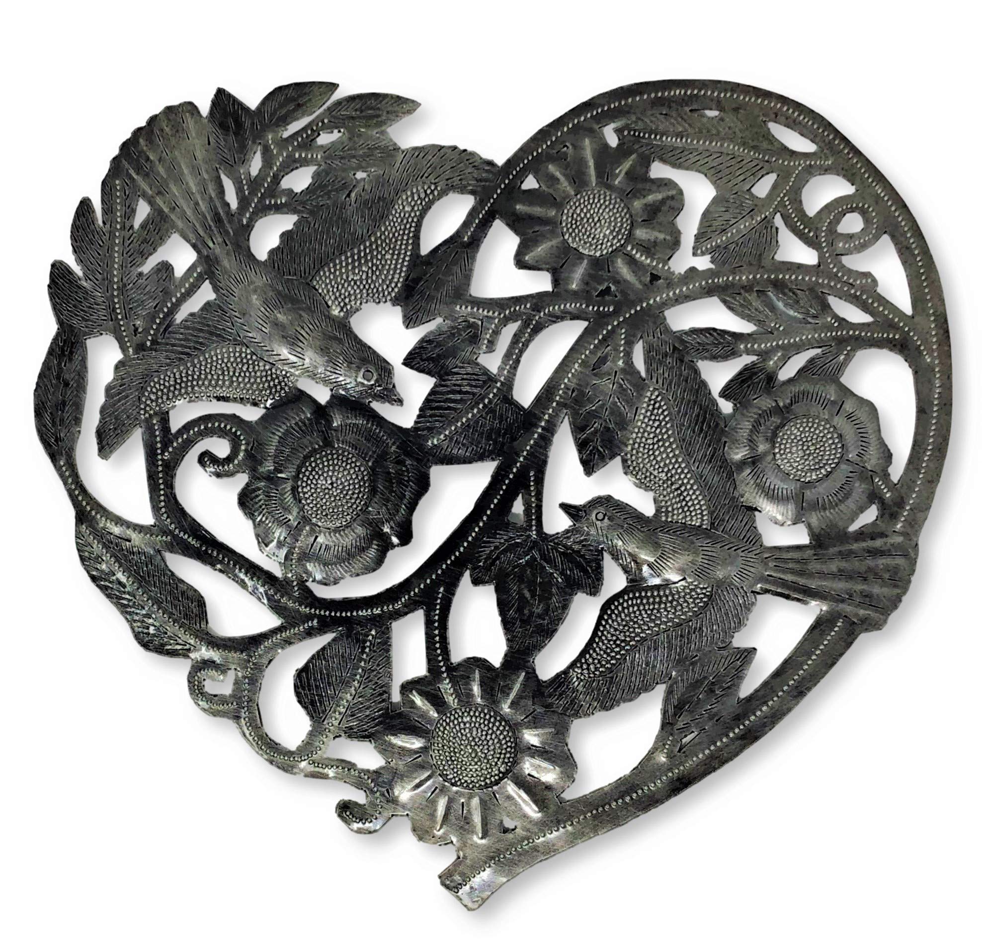 Handmade Haitian Metal Heart Wall Decor with Flowers & Birds - 11x10 Inch Unique Flying Heart Art for Home, Love & Friendship - Perfect for Living Room, Bedroom & Gift Giving