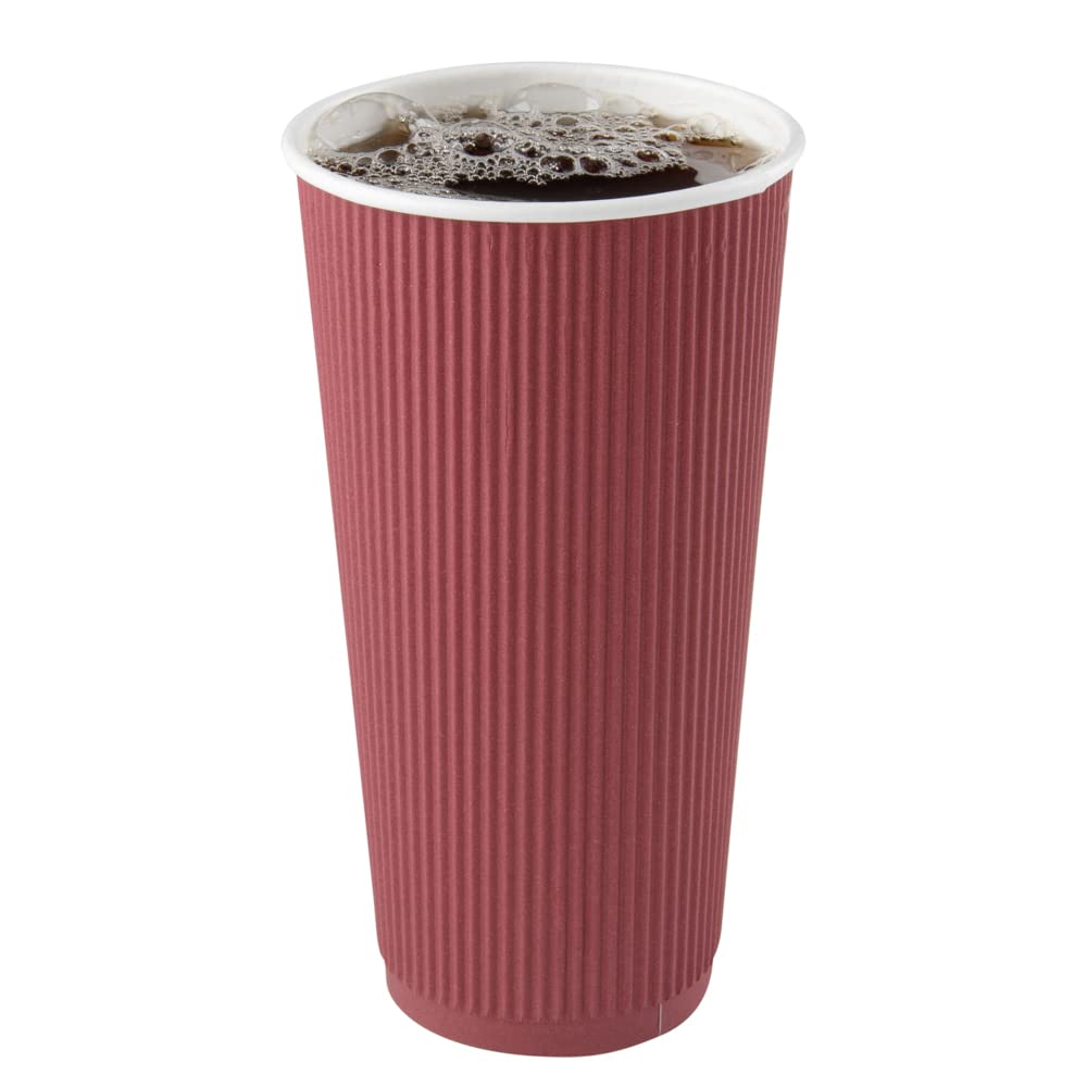 20oz Ripple Insulated Coffee Cups - 250 Pack Double Wall Corrugated Paper Cups with Secure Grip | Crimson Ribbed Design | Leakproof & Sustainable | Matching Lids Sold Separately | Perfect for Coffee Shops, Cafes, and Office Break Rooms