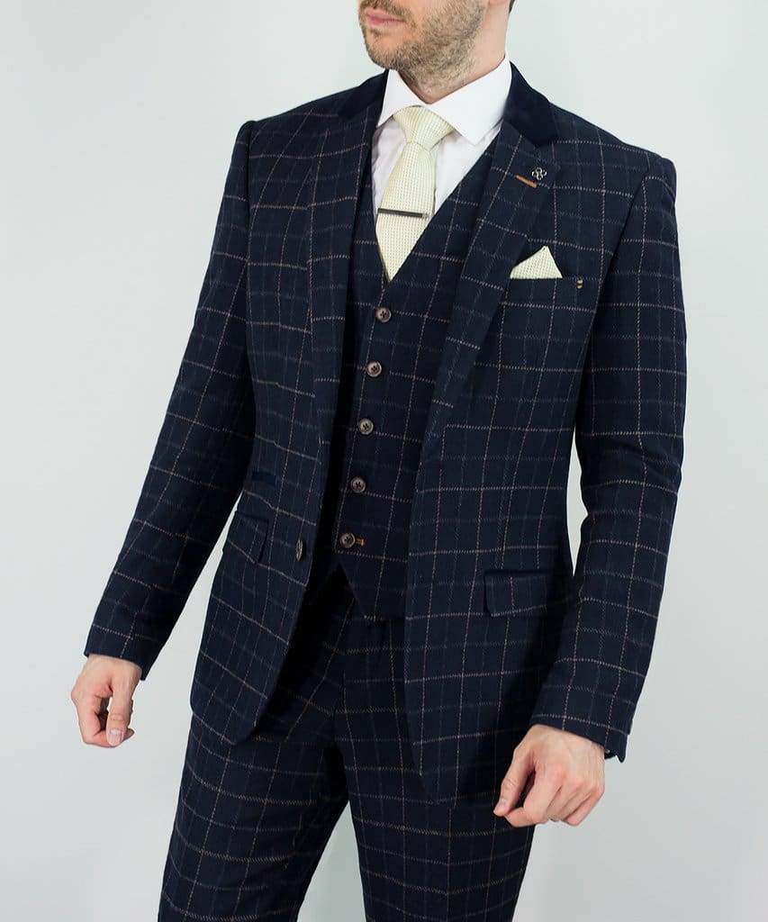 Cavani Shelby Navy Tweed 3 Piece Suit for Men | Premium Wool Blend Business Attire | Perfect for Weddings, Office & Formal Events