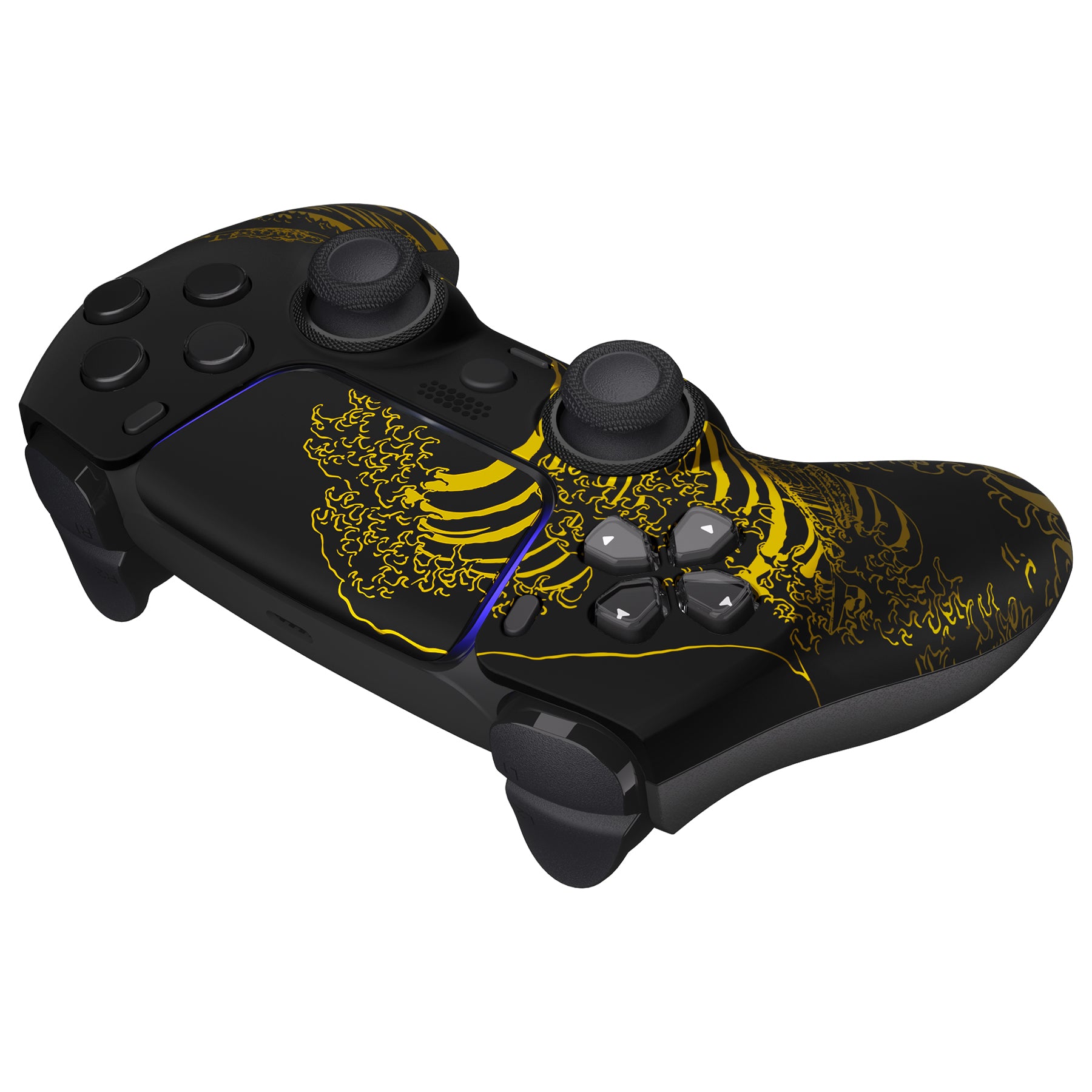 ExtremeRate LUNA Redesigned PS5 Controller Front Shell with Touchpad - Compatible with BDM 010/020/030/040/050 Models - The Great Golden Wave Off Kanagawa Design in Black (GHPFT014) - Perfect for Gaming Enthusiasts & Custom Controller Builders