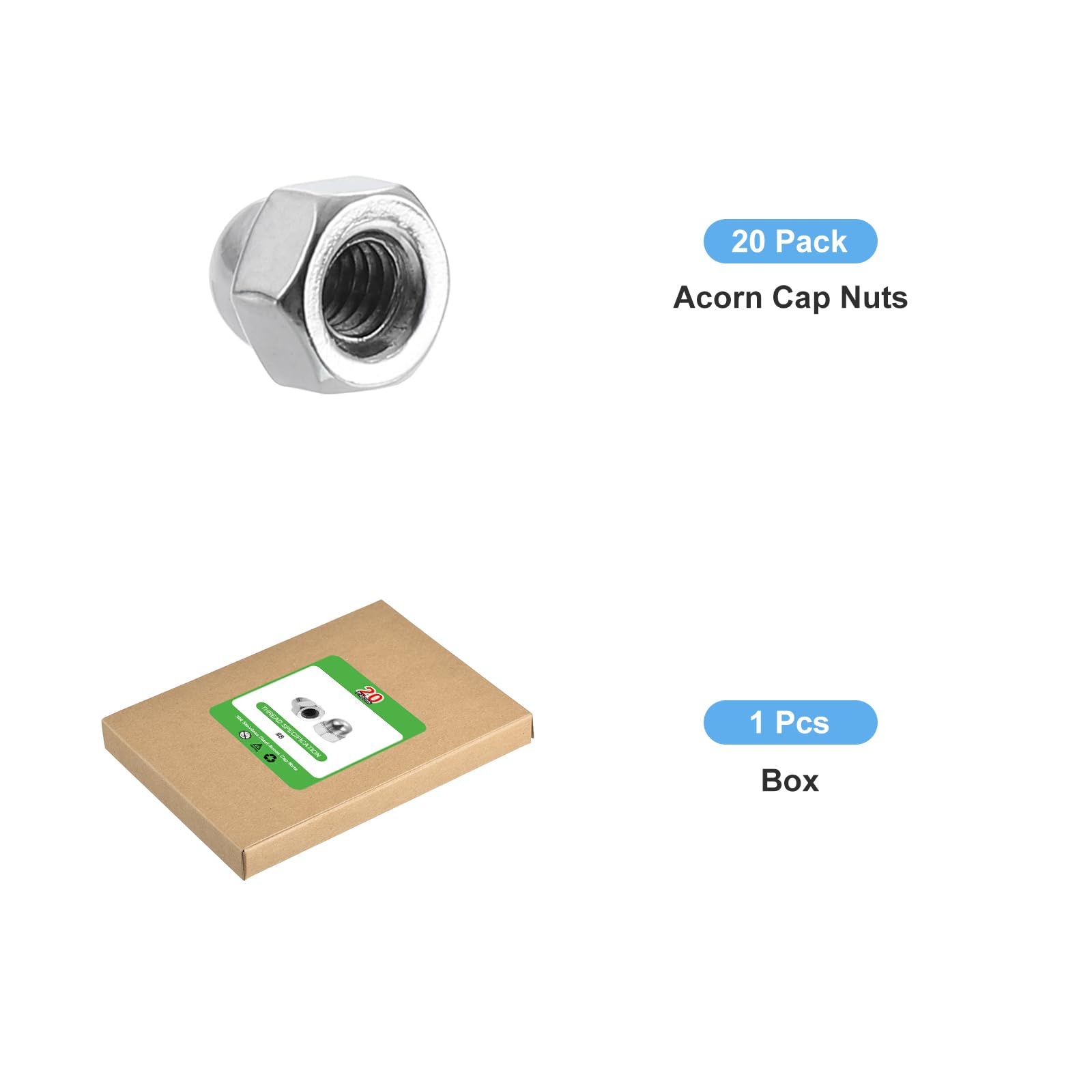 uxcell #8-32 Acorn Cap Nuts, 20Pcs 304 Stainless Steel Dome Cap Head Hex Nuts for Bolt Cover - Rustproof Hardware Fasteners for Furniture, Automotive & DIY Projects (Silvery Finish)
