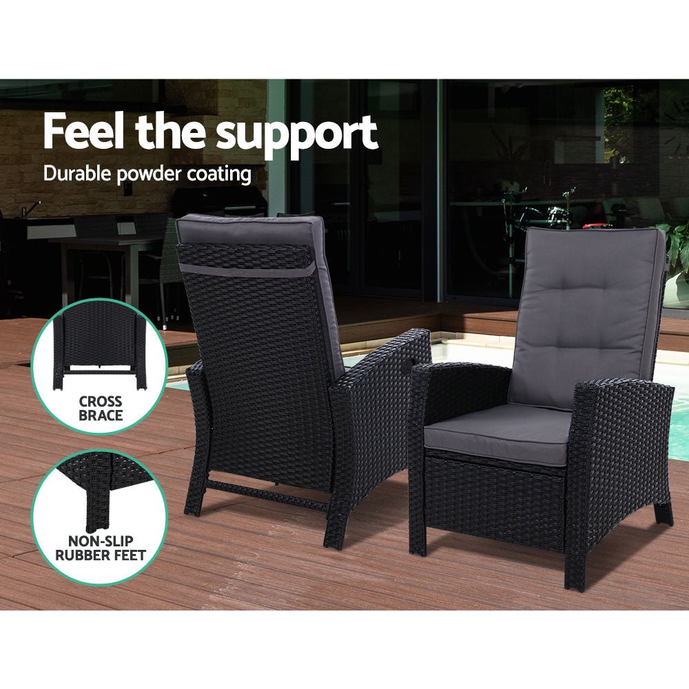 3 Piece Elise Outdoor Recliner Chair Set with Ottoman and Side Table - Patio Furniture for Backyard, Poolside, Garden Relaxation - Black
