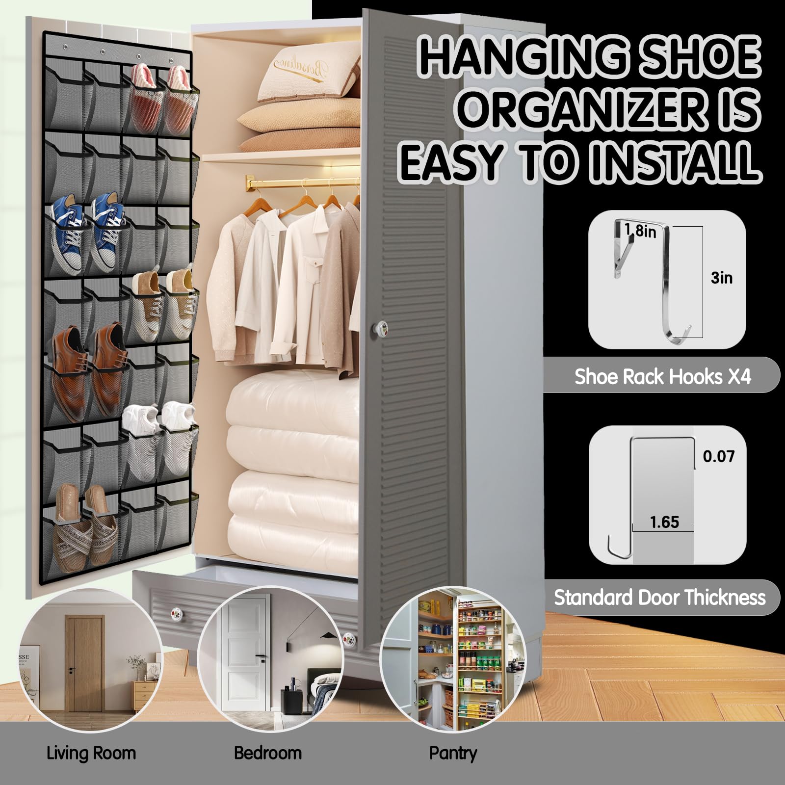 28-Pocket Breathable Mesh Over-the-Door Shoe Organizer for Men & Women - Space Saving Closet Storage Solution for Sneakers, Sandals & Boots (Gray) - Perfect for Bedrooms, Dorms & Entryways
