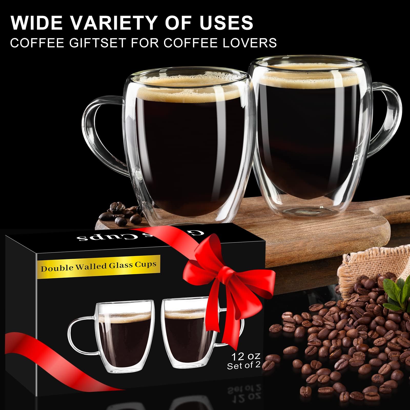 PARACITY Double Wall Insulated Coffee Mugs Set of 2 - 12oz Borosilicate Glass Cups with Handle for Hot & Cold Drinks - Perfect for Cappuccino, Latte, Tea - Ideal for Home, Office, Camping & Travel Use