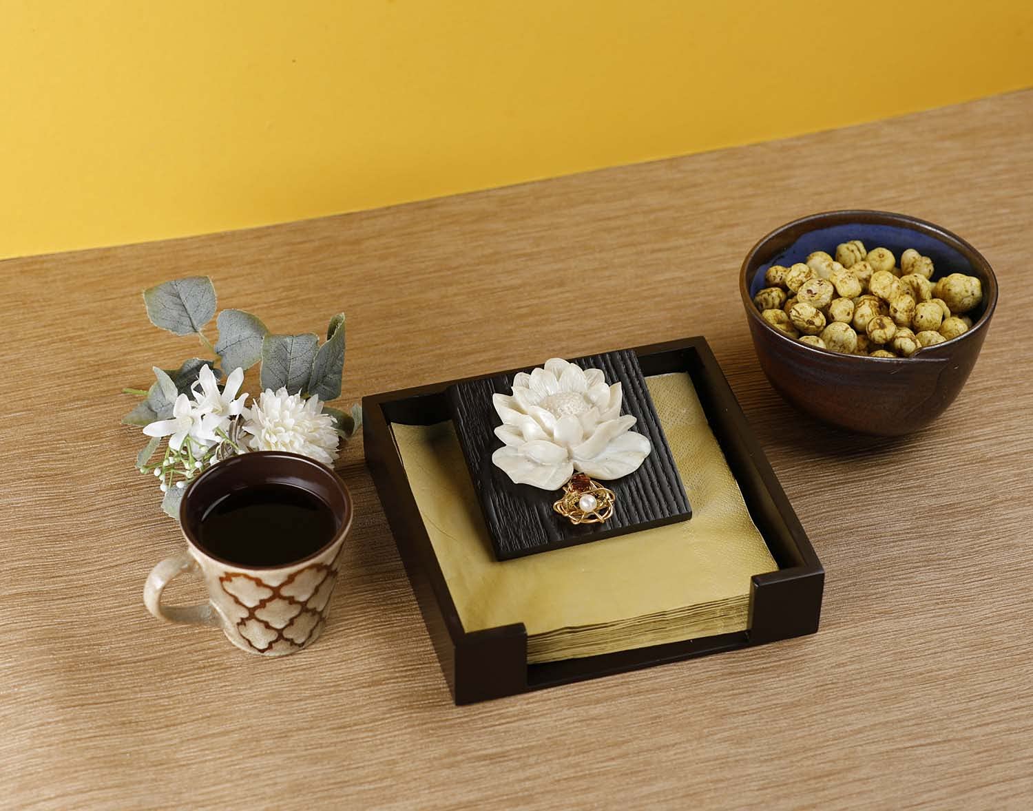 Wooden MDF Flat Napkin Holder for Dining Table - Weighted Flap Cocktail Tissue Paper Stand, Stylish Lotus Design for Home, Restaurant & Party Decor