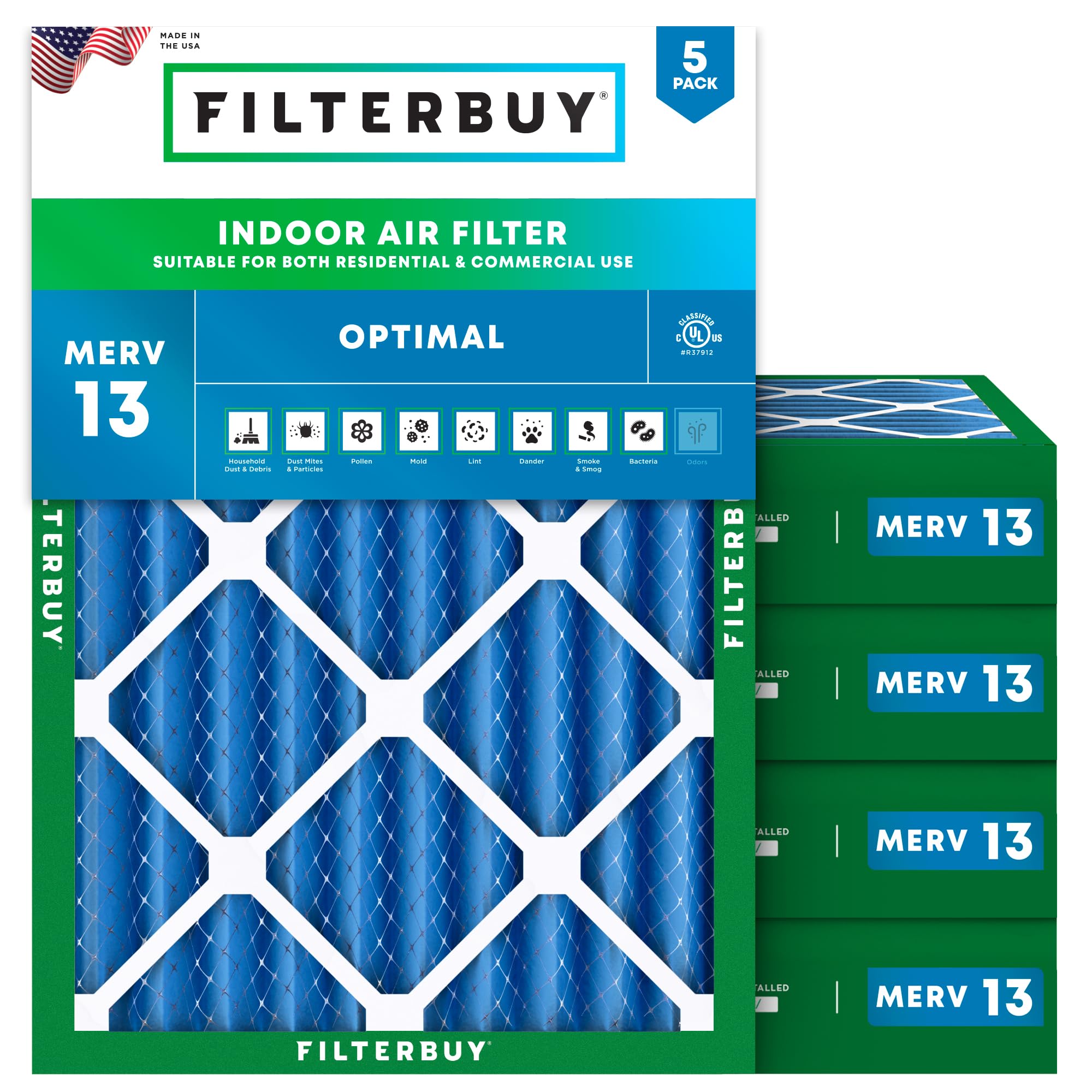 Filterbuy 18x22x4 MERV 13 Pleated Air Filter 5-Pack - High Efficiency HVAC Furnace & AC Replacement Filters (Actual Size 17.5x21.5x3.63 Inches) for Home, Office & Commercial Use