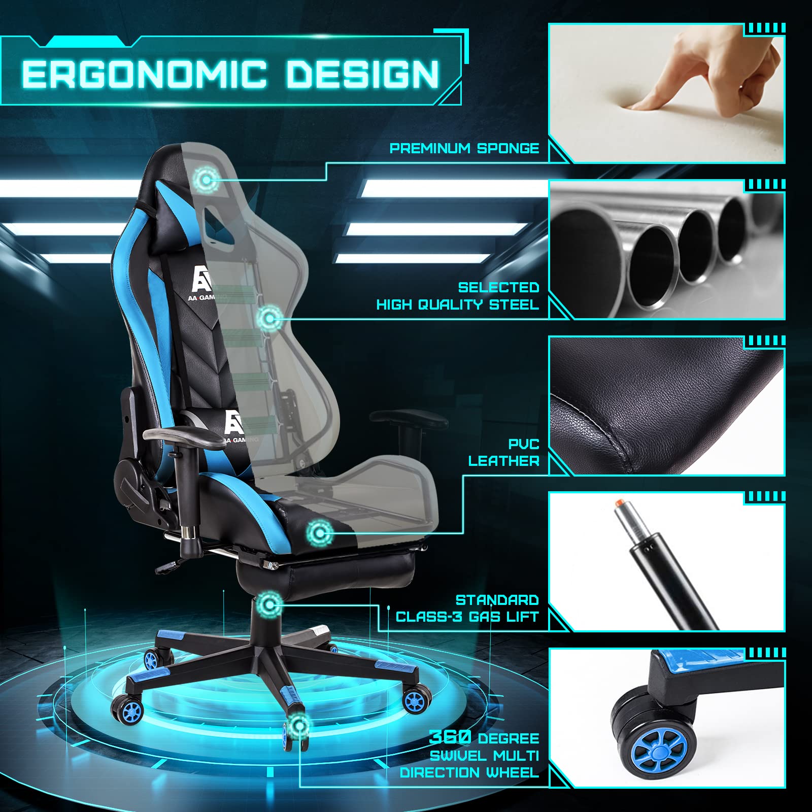 Premium Gaming Chair - High Back Ergonomic Racing Office Chair with Adjustable Height, Footrest & Lumbar Support - Swivel Computer Chair for PC Gaming, Streaming & Home Office (Black & Blue) - Perfect for Esports, Work from Home & Long Gaming Sessions