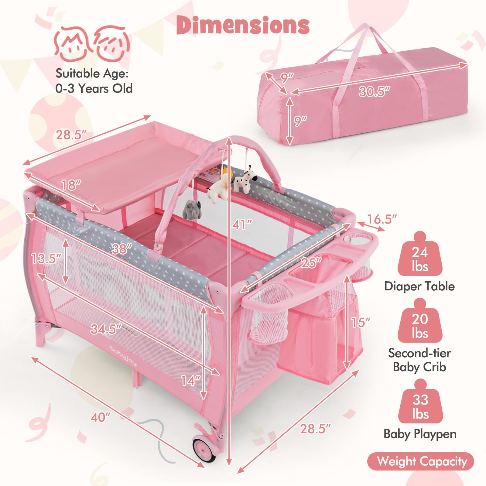 **BABY JOY 3-in-1 Portable Pack and Play with Bassinet & Changing Table - Convertible Travel Crib Playard with Brake Wheels, Newborn Napper & Large Storage Shelf - Includes Oxford Carry Bag - Perfect for Nursery, Travel & On-the-Go Parenting**