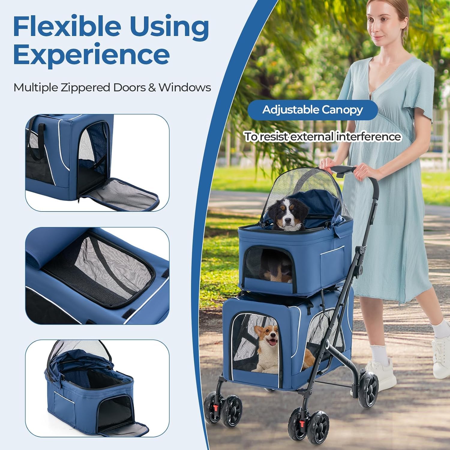 Premium 3-in-1 Double Dog Stroller with 2 Detachable Carriers | Safety Belt, Washable Cover & Removable Pads | 4-Wheel Design for Small & Medium Dogs | Perfect for Walking, Shopping & Vet Visits (Blue)