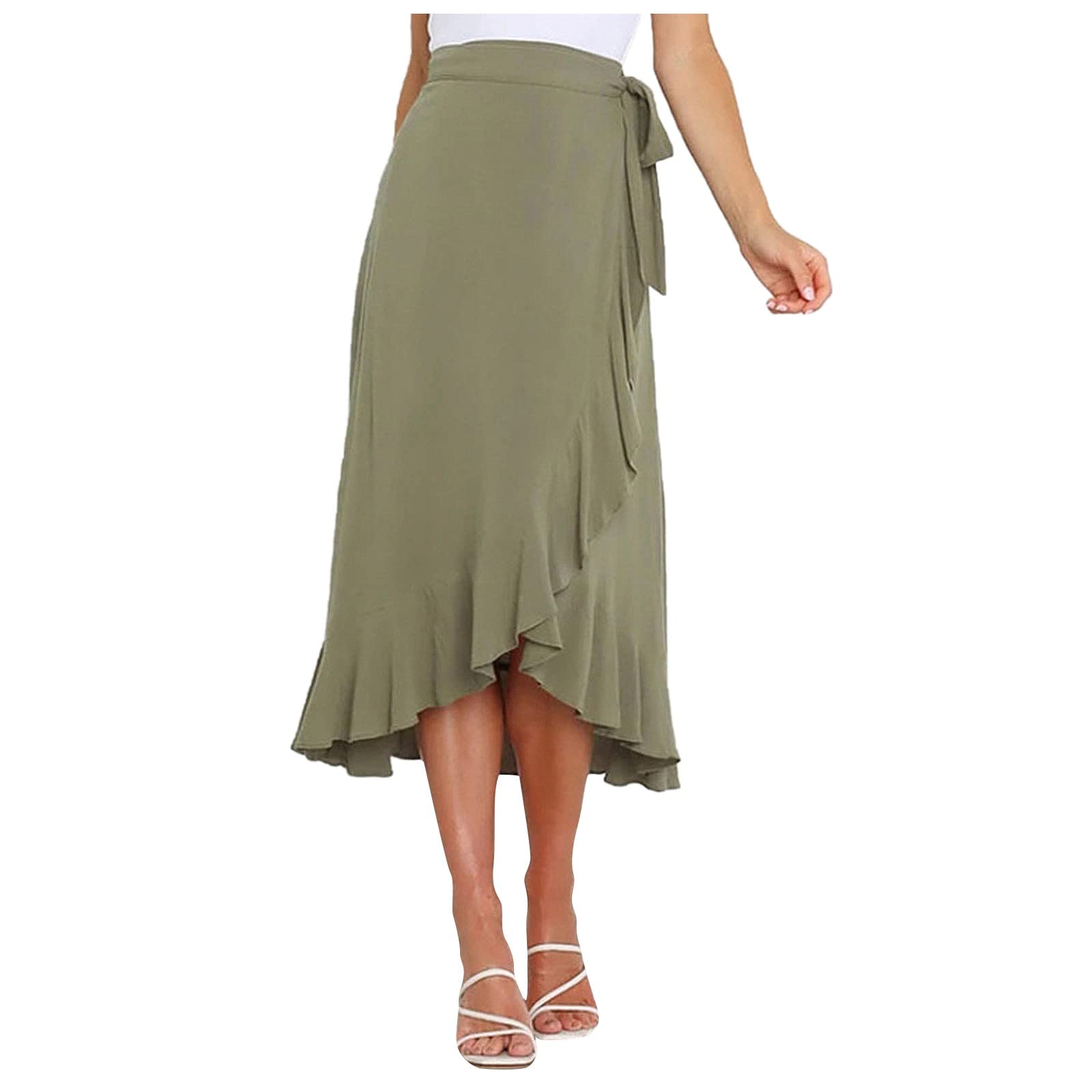 RIJJTRP Women's Mid Length Lace-Up Maxi Skirt - Wrap Style Solid Color Irregular Hem Skirt for Casual, Beach & Boho Fashion
