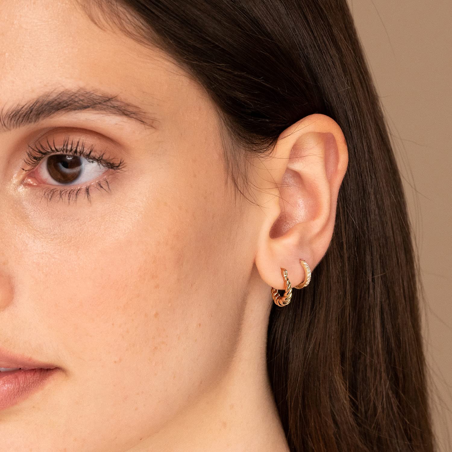 14K Gold Plated Croissant Earrings for Women - Chunky Hoop Earrings with CZ Stones, 925 Sterling Silver Post Huggie Earrings - Perfect Mother's Day Gift, Birthday Present & Everyday Fashion Jewelry