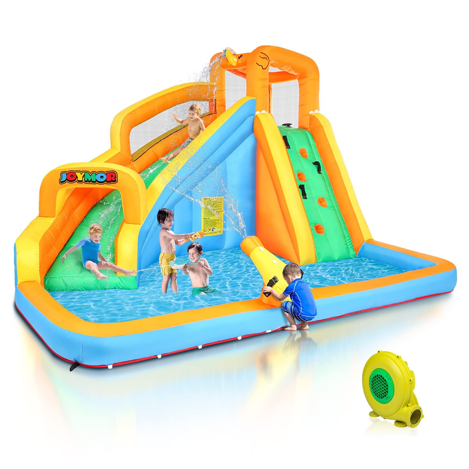 **JOYMOR Inflatable Water Slide Park for Kids with Splash Pool, Climbing Wall & Water Cannon - Blow Up Backyard Water Slides for Outdoor Summer Fun - Perfect for Birthday Parties, Gifts & Family Gatherings (Includes Air Blower)**    **Usage Scenarios:** Backyard parties, summer outdoor fun, birthday celebrations, family gatherings, kids' playtime, water games.