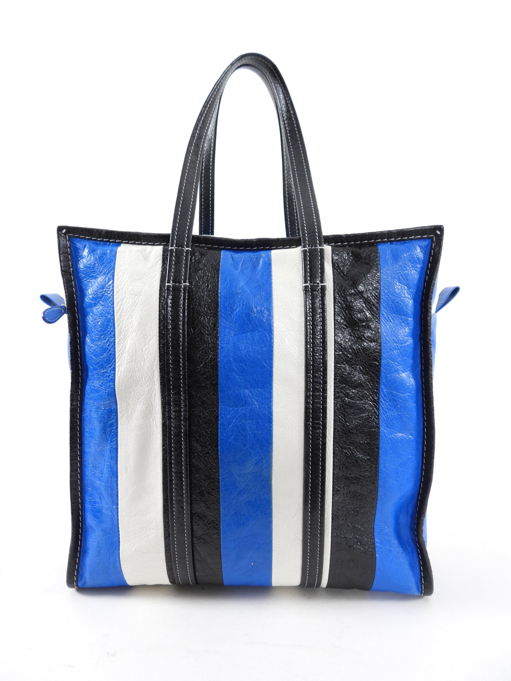 Balenciaga Bazaar Blue Stripe Leather Large Tote Bag for Women - Stylish Designer Handbag for Work, Travel & Everyday Use