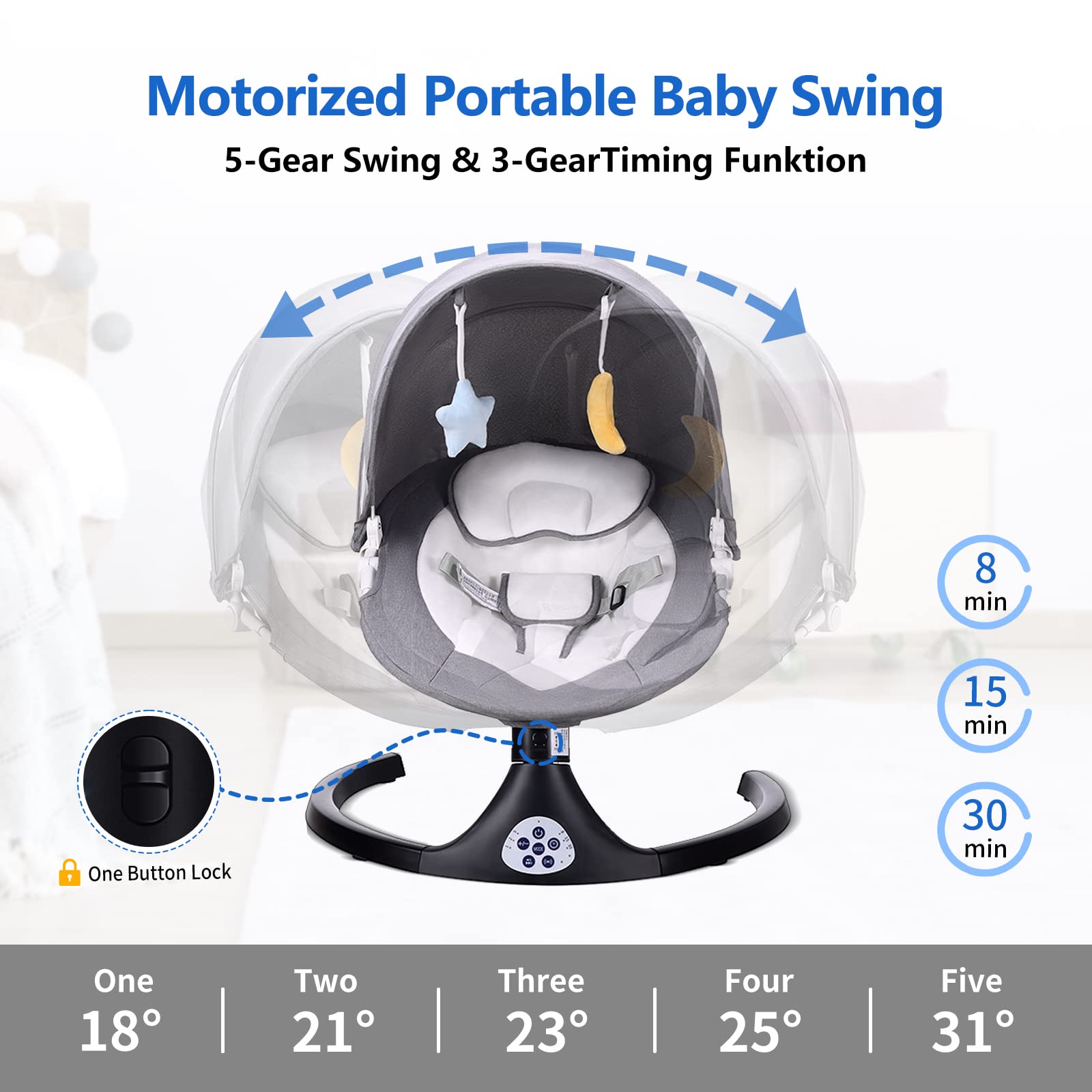 Electric Baby Swing for Infants 0-12 Months | 5-Speed Bluetooth Rocker with 3 Timer Settings & 10 Lullabies | Portable Newborn Swing with Removable Tray & Remote Control (5-26 lbs) | Perfect for Nursery, Travel & Soothing Fussy Babies