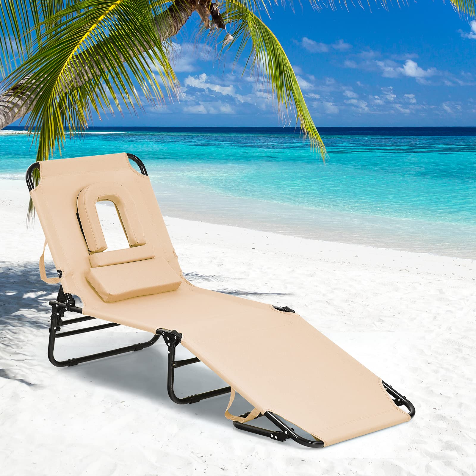 GYMAX Adjustable Folding Beach Lounge Chair - Portable Sunbathing Recliner with Face Hole for Backyard, Poolside & Outdoor Relaxation | Perfect for Beach, Patio, Camping and Vacation Use