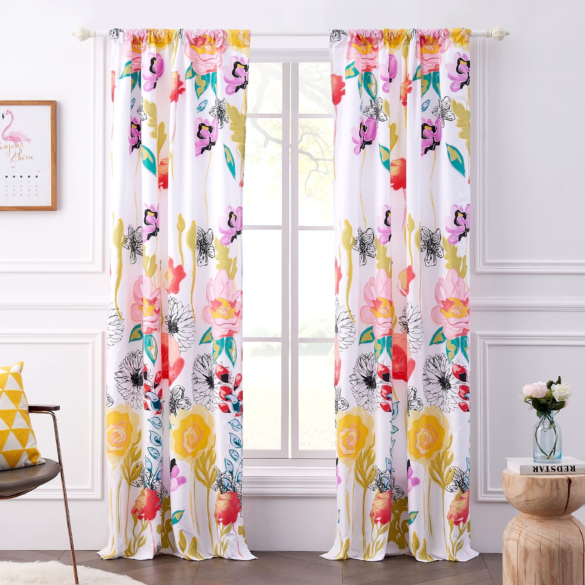 Greenland Home Watercolor Dream Curtains - Set of 2 Lined Window Panels with Tiebacks, 63 Inch Length, White - Perfect for Living Room, Bedroom & Nursery Decor