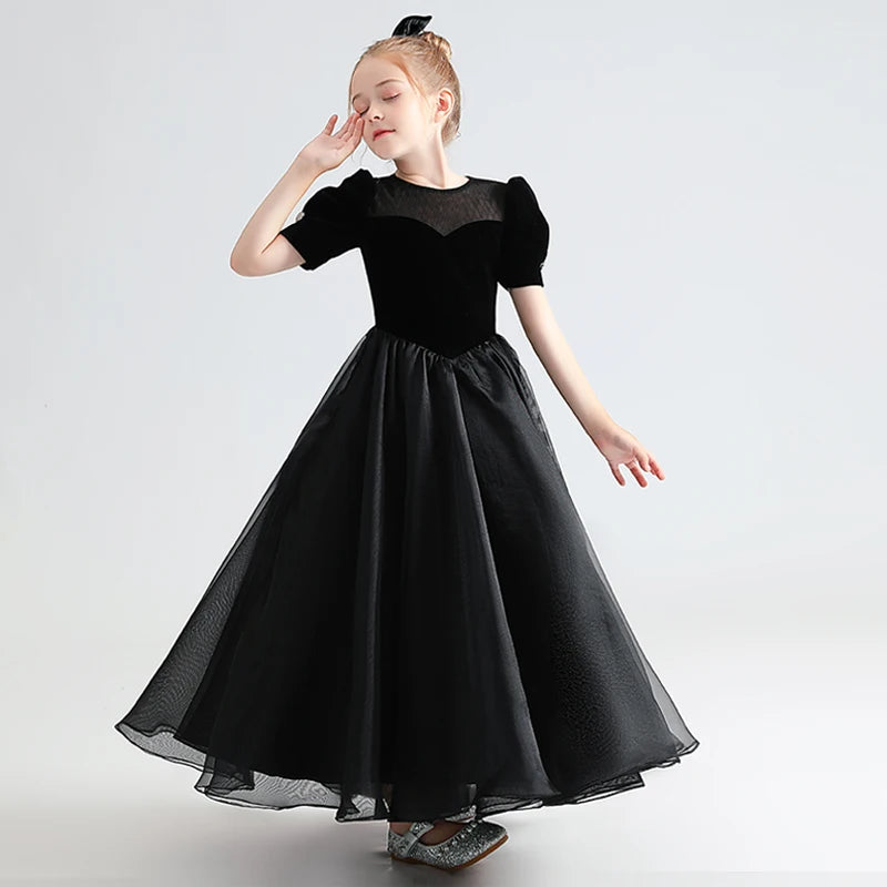 Black Puff Sleeve Girls Corduroy Tulle Party Dress - Elegant Holiday Outfit for Birthday, Christmas & Special Occasions