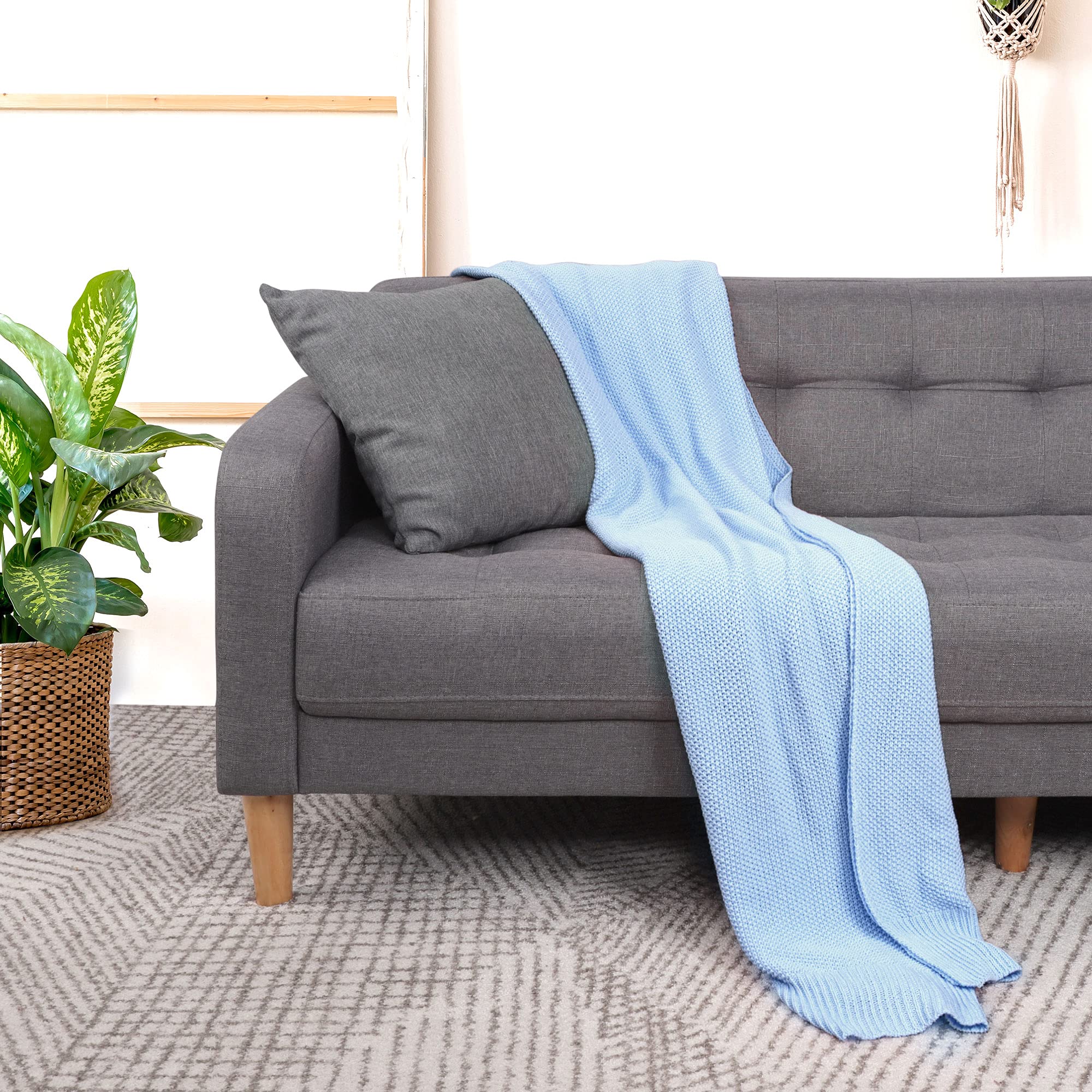 PiccoCasa 100% Cotton Knit Throw Blanket - Ultra Soft Lightweight Decorative Sofa Blanket for Living Room, Bed, Office - Pale Blue 50