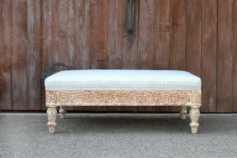 Handmade Carved Indian Traditional White Ottoman - Elegant Footstool Pouf for Living Room, Bedroom & Boho Home Decor