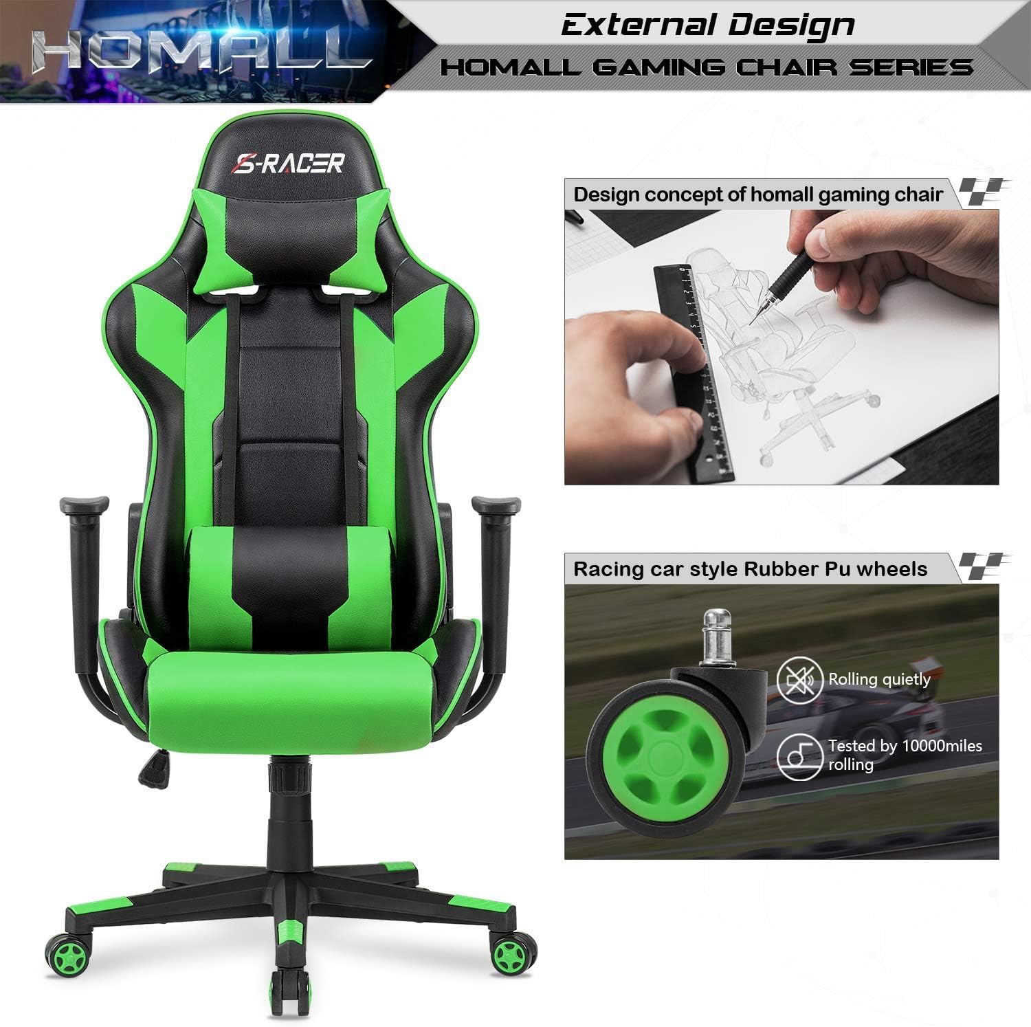 Homall Ergonomic Gaming Chair - High Back Office Chair with Adjustable Headrest & Lumbar Support, Leather Computer Desk Chair for Racing, Executive & Task Work - Perfect for Gaming, Home Office & Workspace (Green)