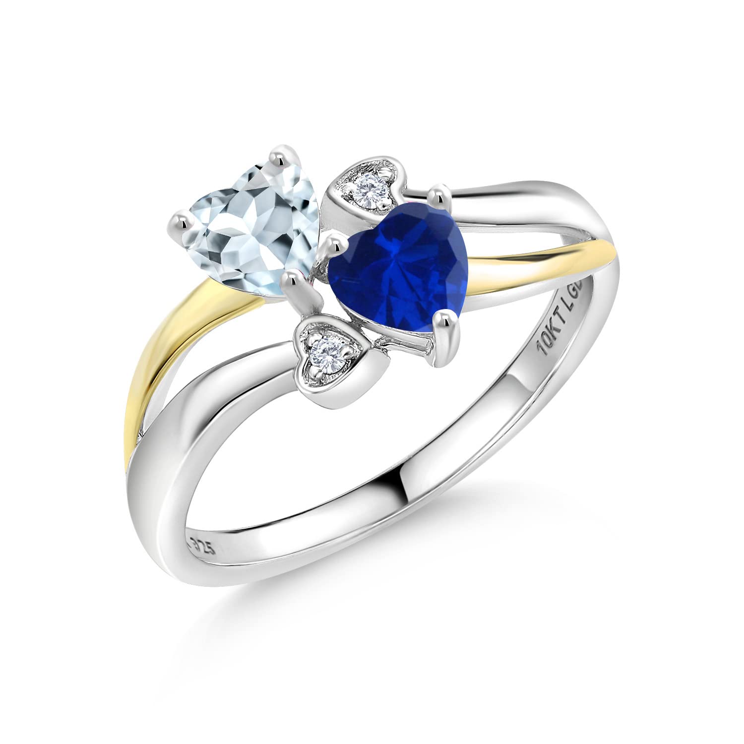 0.94 Ct Sky Blue Aquamarine & Blue Lab-Created Sapphire Ring in 925 Silver & 10K Yellow Gold with Lab-Grown Diamonds - Elegant Heart Design for Engagement, Anniversary & Special Occasions