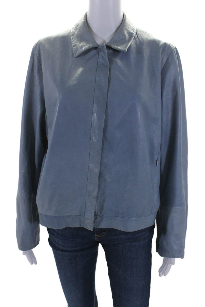 Max Mara Women's Blue Leather Jacket with Full Zipper & Long Sleeves - Perfect for Office Wear, Casual Outfits & Fall Fashion