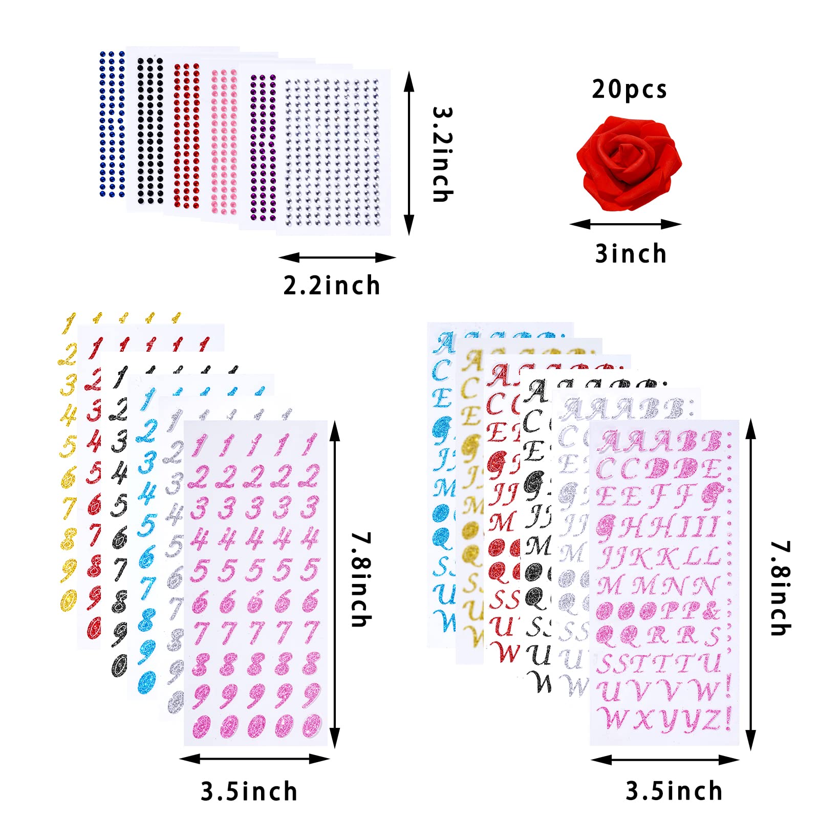 38-Piece DIY Graduation Cap Decorations Kit with Rhinestones, Letters, Numbers & Red Rose Faux Flowers – Perfect for Grad Cap Customization, Party Decor, and Photo Backdrops