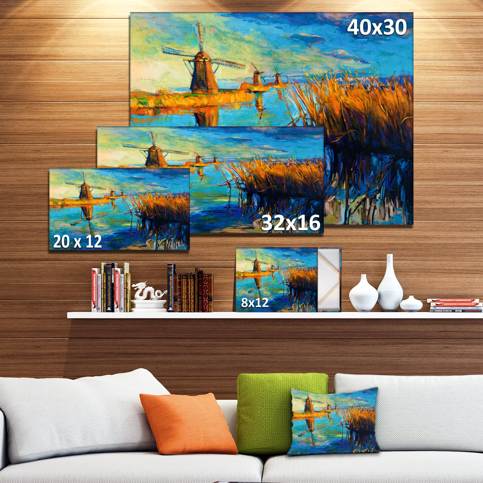 Windmills with Sky and Water Landscape Art Print Canvas - Scenic Dutch Countryside Wall Decor for Living Room, Bedroom & Office