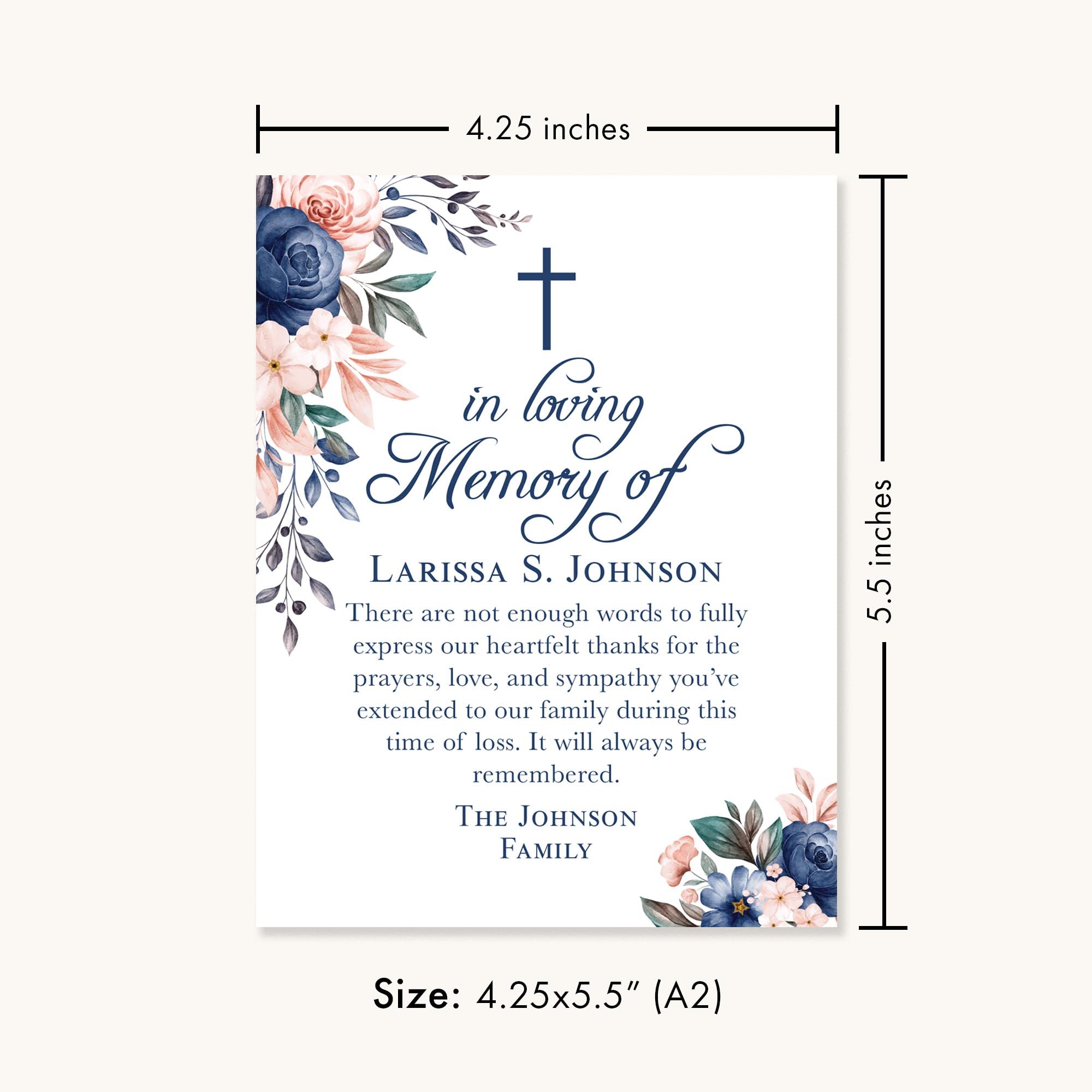 Navy Blue Floral In Loving Memory Funeral Thank You Cards with Cross - Personalized Sympathy Acknowledgement Cards (4.25x5.5 Inches) with Envelopes - Perfect for Memorial Services, Condolence Notes & Bereavement Gifts