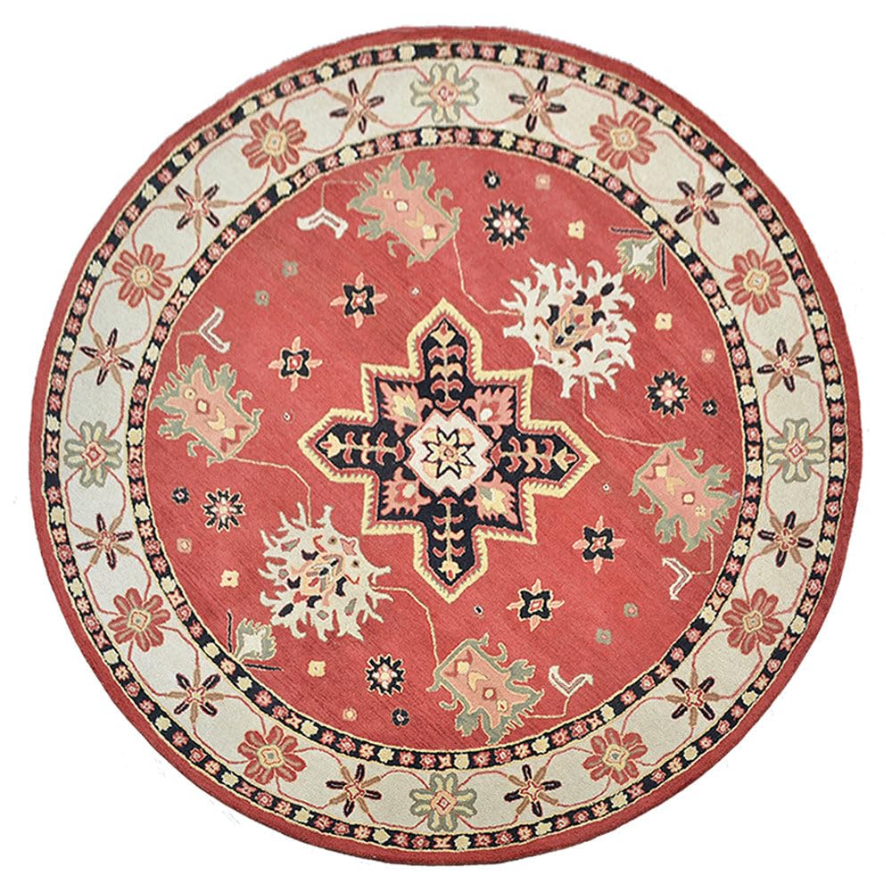 Hand Tufted Wool Eco-Friendly Round Area Rug 6'x6' - Red & Cream Oriental Traditional Design, High Pile Thick Non-Slip Handmade Rug (K00535) for Living Room, Bedroom & Home Decor