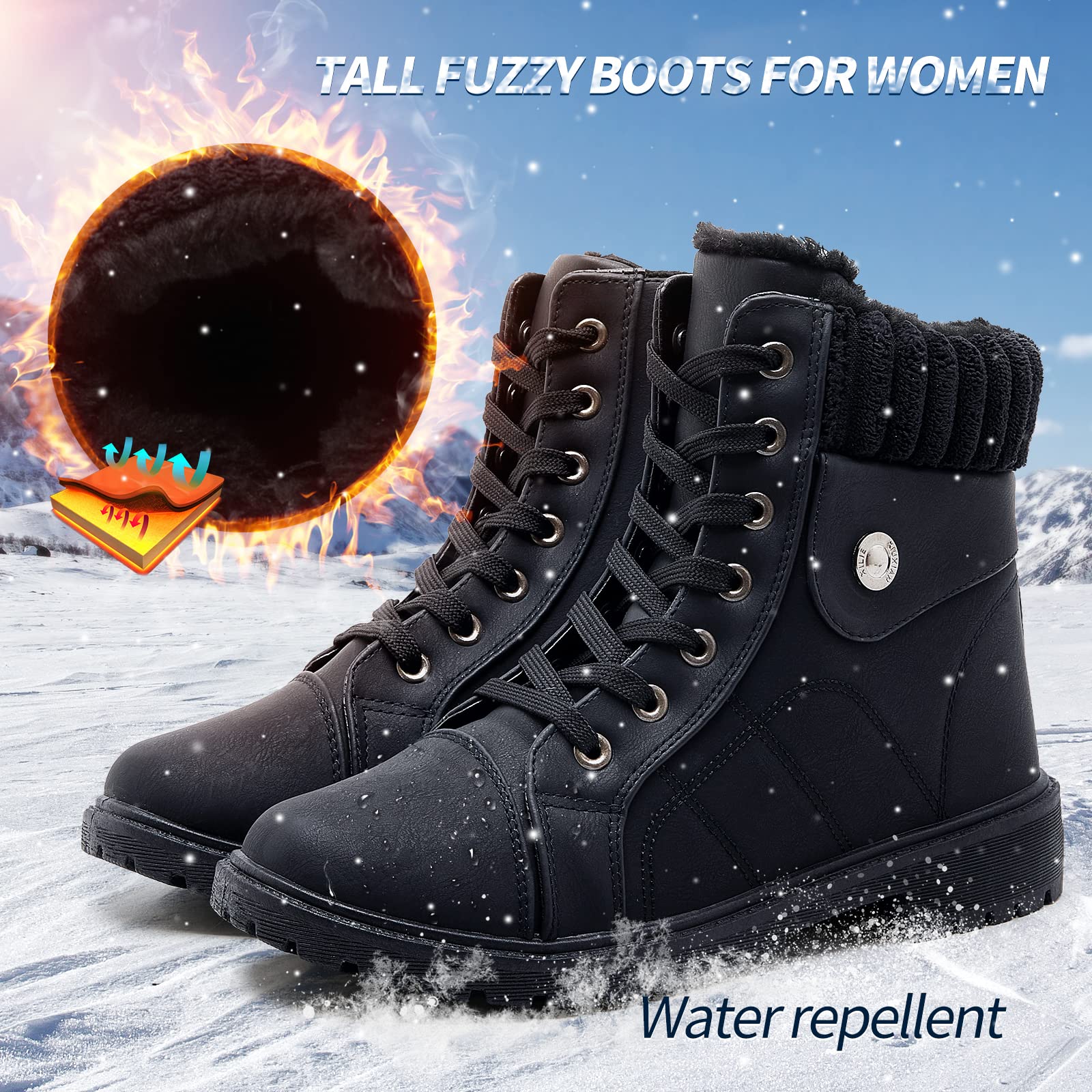 Waluzs Women's White Ankle Boots - Winter Fuzzy Lace-Up Combat Snow Boots for Women | Warm & Stylish for Cold Weather, Snow Days & Outdoor Adventures