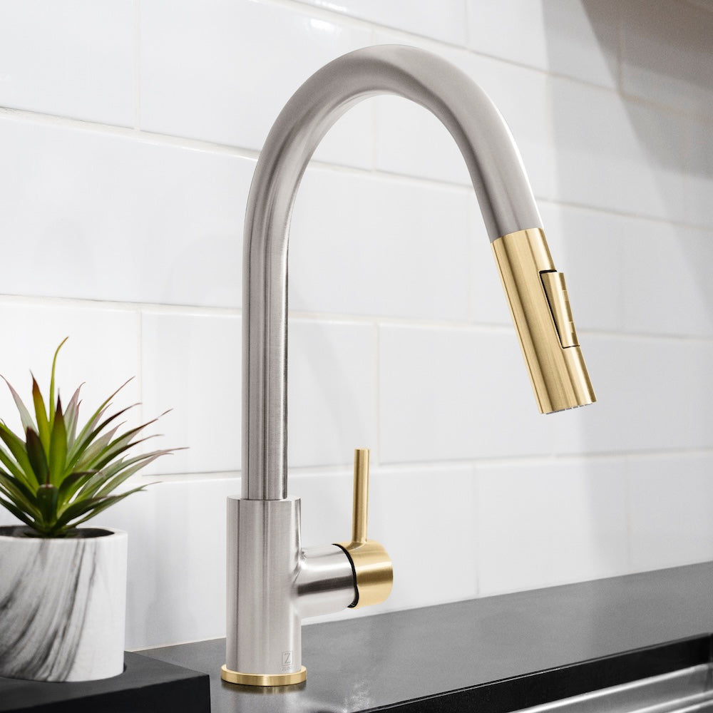 ZLINE Autograph Edition Gemini Pull Down Single Handle Kitchen Faucet in Brushed Nickel & Champagne Bronze - High Arc Modern Design for Easy Cleaning | Perfect for Farmhouse, Commercial & Home Kitchens (GEM KF ZBNCB)