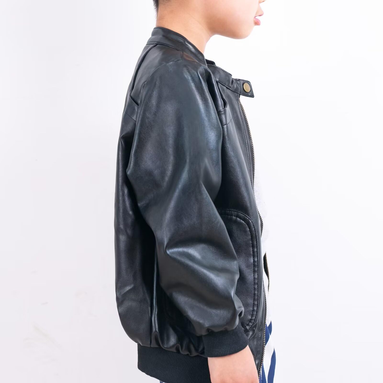 Elife Boys' Trendy Stand Collar PU Leather Motorcycle Jacket for Spring - Black | Stylish Biker Jacket for Kids Outdoor Riding & Casual Wear