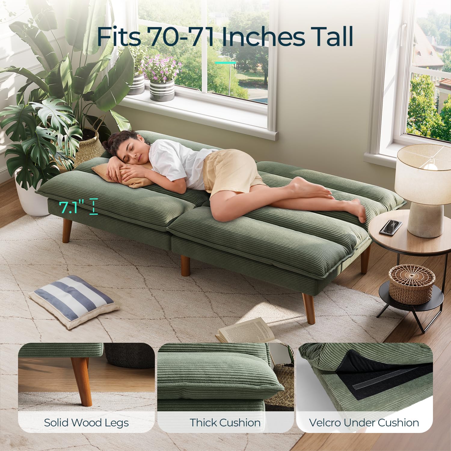 LINSY Adjustable Corduroy Futon Sofa Bed - Convertible Folding Sleeper Loveseat for Small Spaces, Living Room, Apartment & Office - Green | Perfect for Guest Beds, Studio Apartments & Multi-Functional Spaces