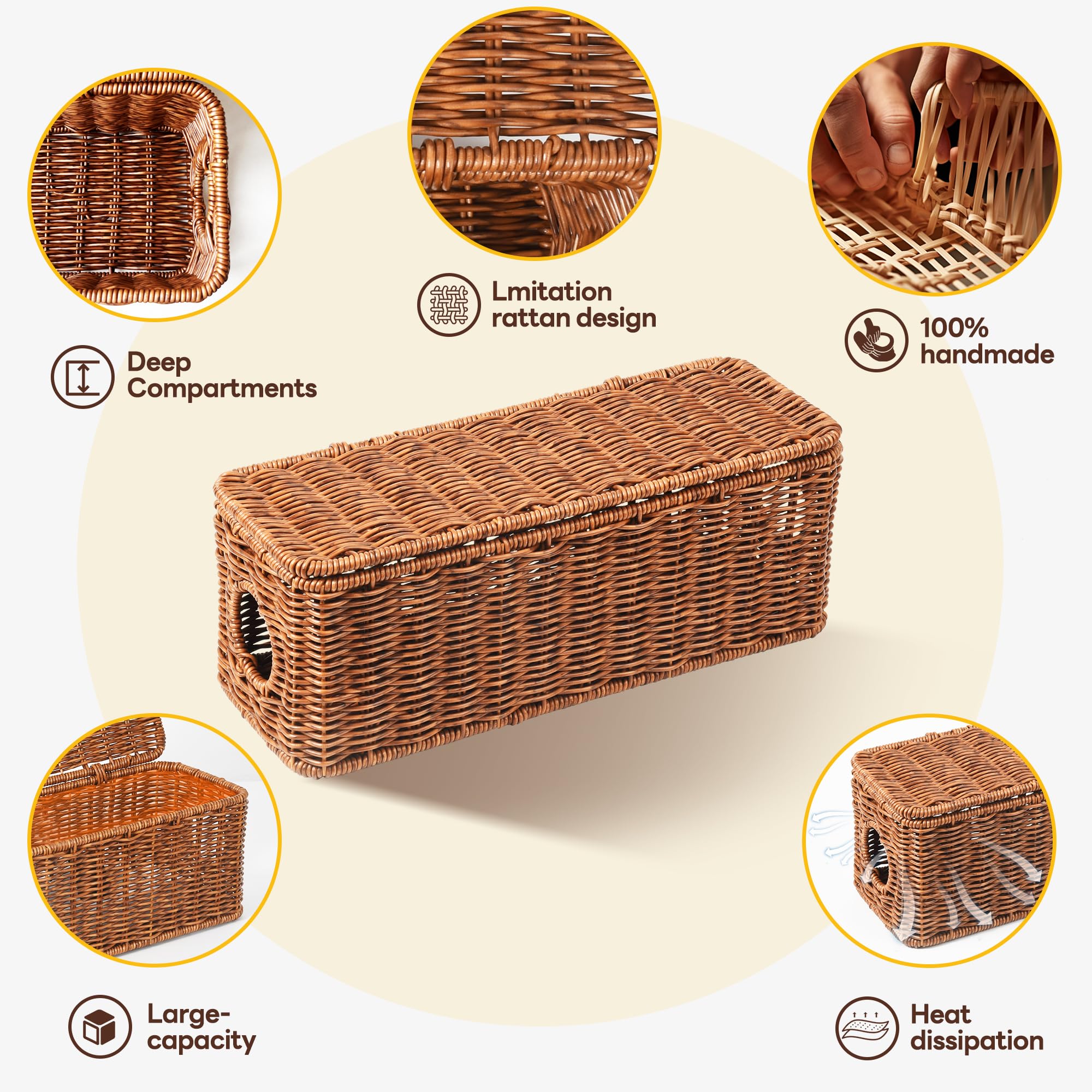 Handmade Rattan Cable Management Box with 2 Open Slots - Orapoke Cord Organizer for TV, Computer, Router & Power Strip - Under Desk Wire Hider for Office & Home Organization (Perfect for Living Room, Bedroom & Workspace)