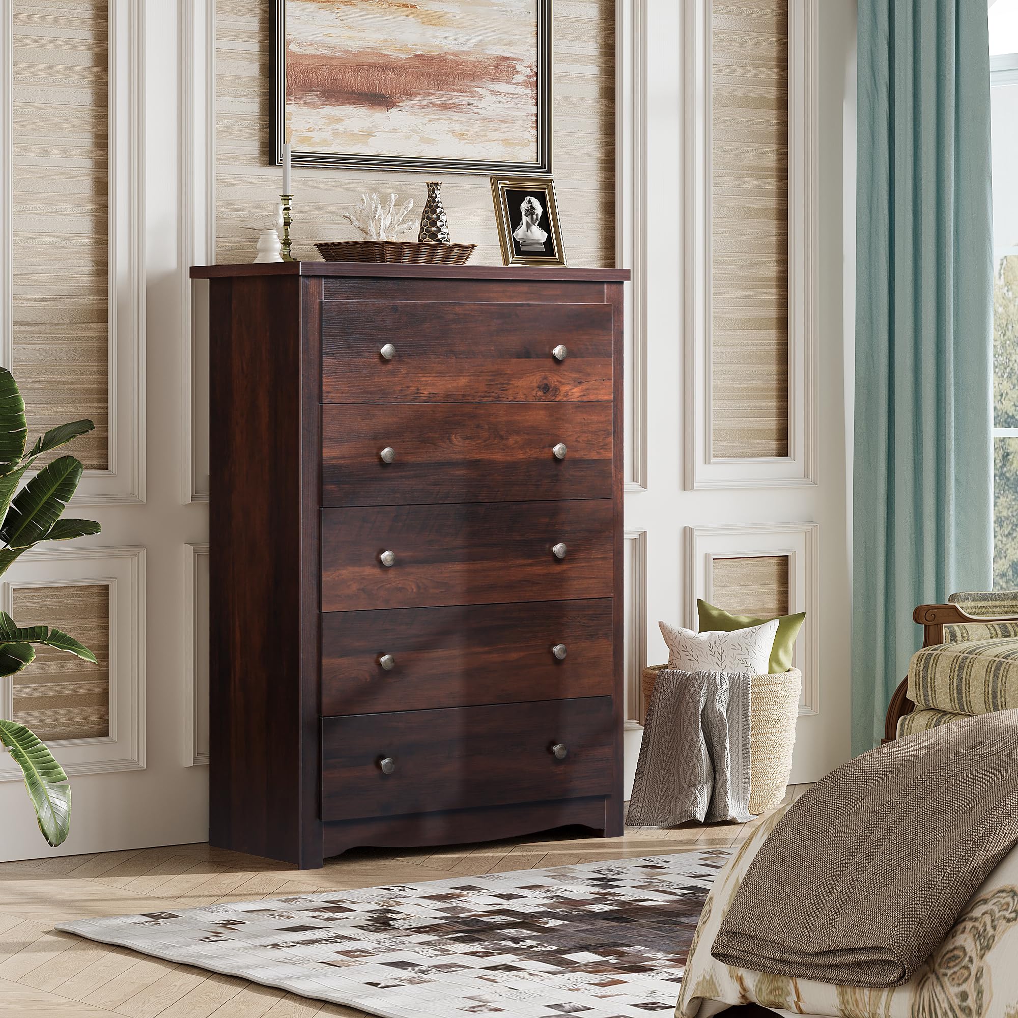WLIVE 5-Drawer Wooden Dresser for Bedroom - Solid Wood Chest of Drawers with Spacious Storage, 15.7