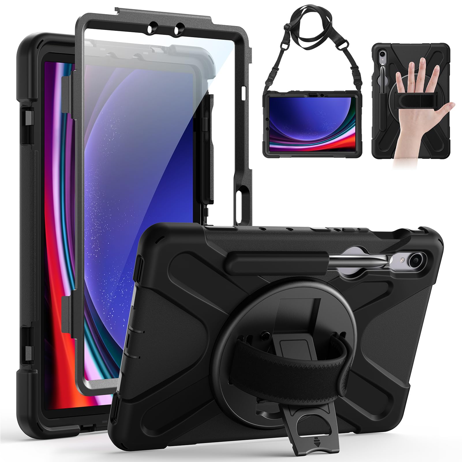 Premium Protective Case for Samsung Galaxy Tab S9 FE 5G / S9 Tablet - Shockproof Cover with Built-in Screen Protector, S Pen Holder, 360° Rotating Stand & Hand Strap - Perfect for Work, Travel & Entertainment (10.9