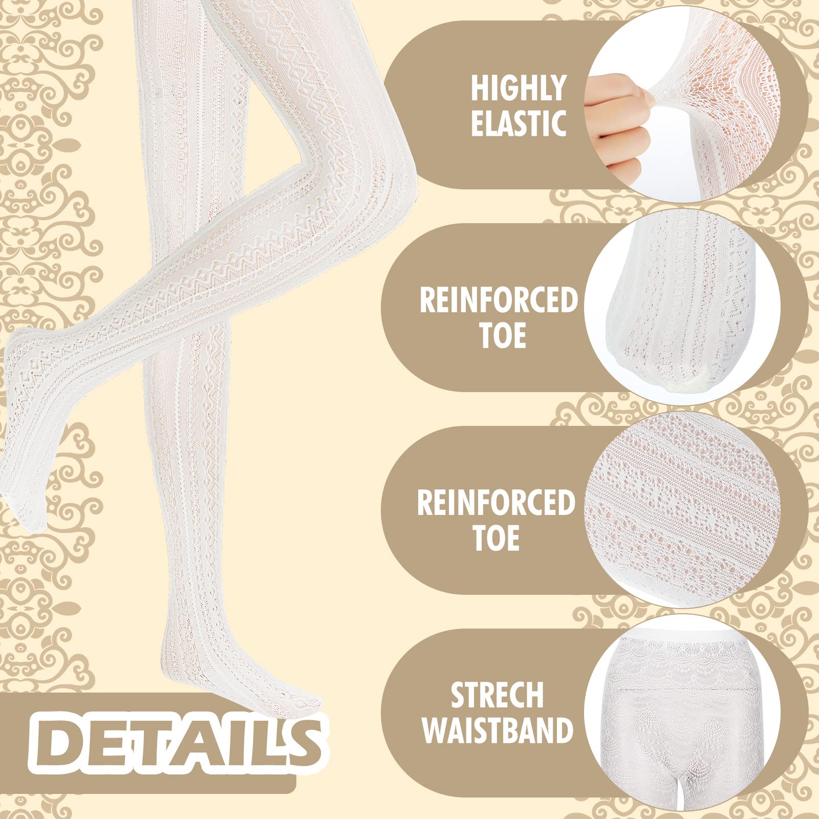 Zhanmai 4 Pairs Women's Knitted Lace Tights - Fishnet Warm Pantyhose with Black & White Vertical Stripes, Hollow Out Design for Elegant Style (One Size) | Perfect for Skirts, Dresses & Winter Fashion