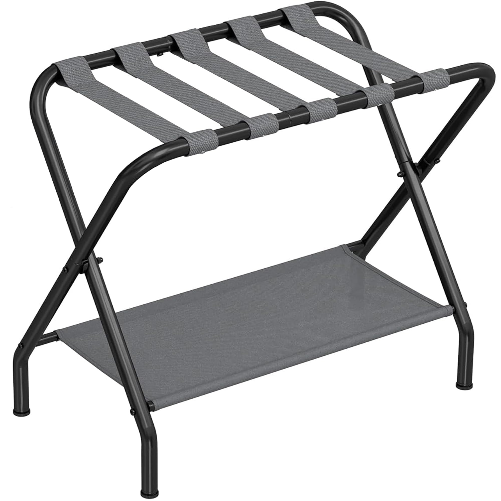 Heavy Duty Folding Luggage Rack with Storage Shelf - Sturdy Steel Suitcase Stand for Bedroom, Guest Room & Hotel Use - Supports 110 lbs (27x15x23 Inches) - Perfect for Travel Storage & Space Saving Organization